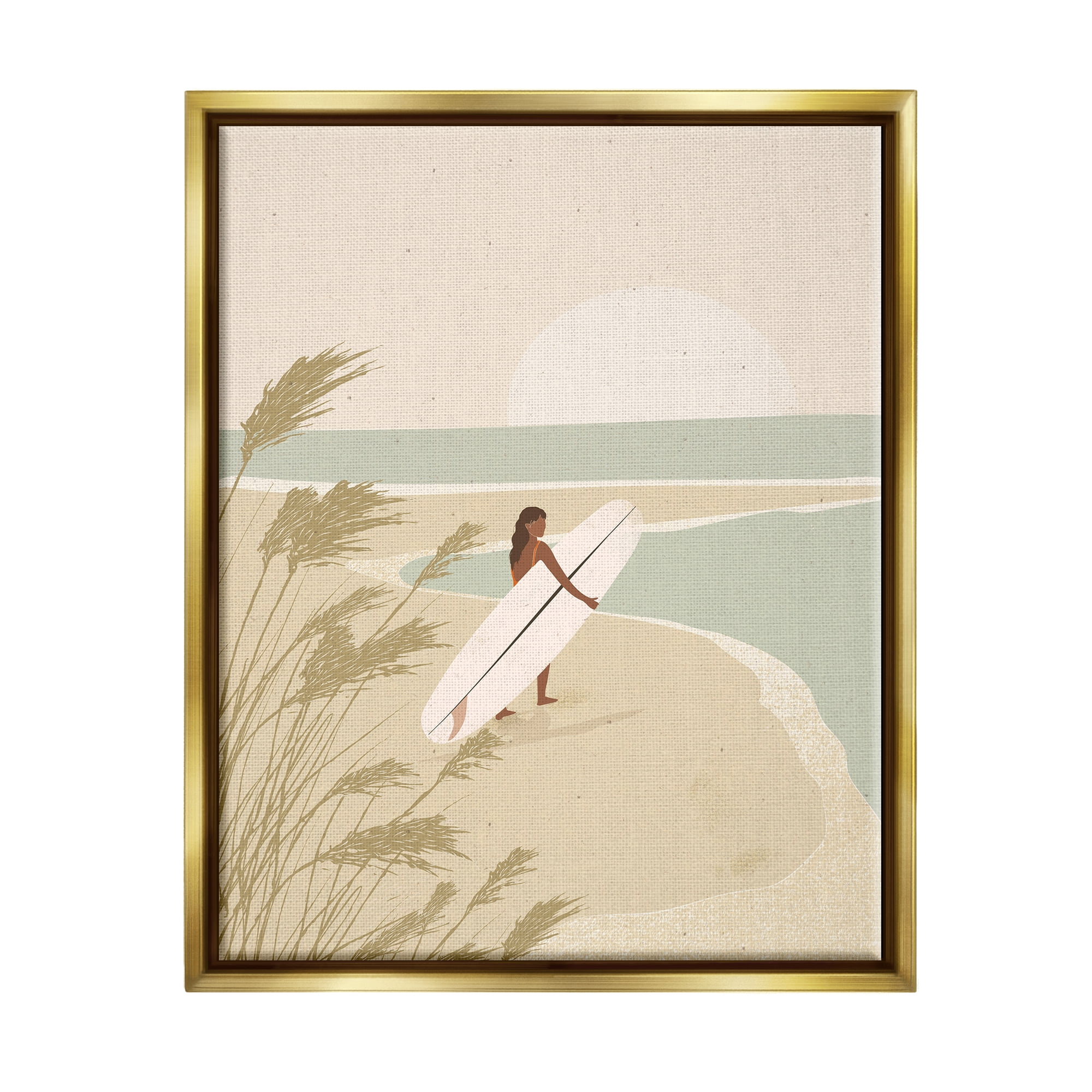 Stupell Industries Neutral Beach Sunset Surfing Woman Coastal Painting Gold Floater Framed Art Print Wall Art