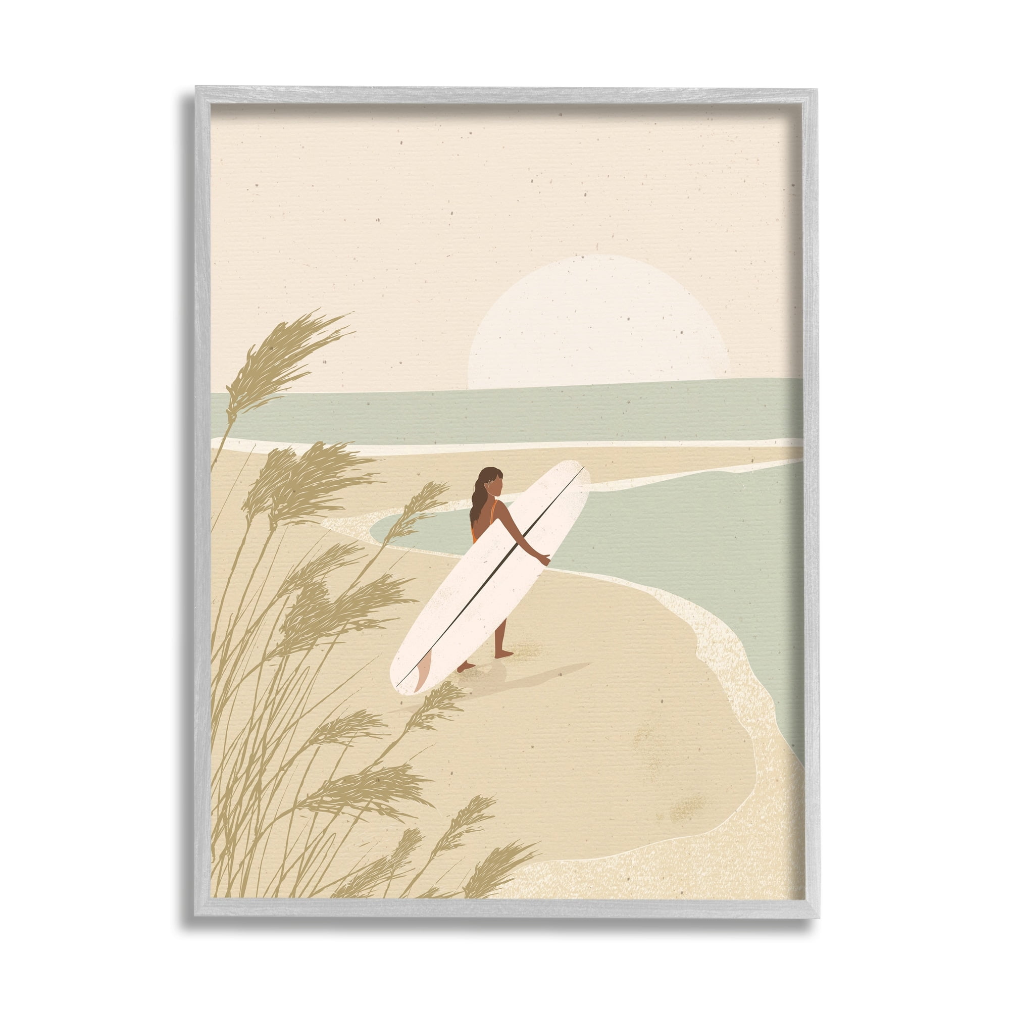Stupell Industries Neutral Beach Sunset Surfing Woman Coastal Painting Gray Framed Art Print Wall Art