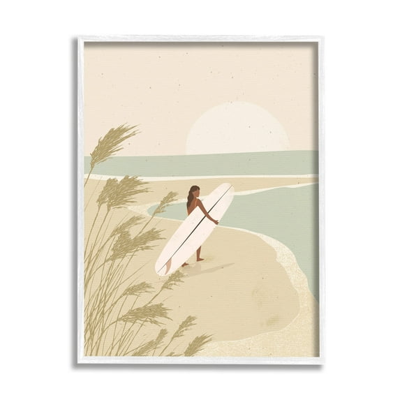 Stupell Industries Neutral Beach Sunset Surfing Woman Coastal Painting White Framed Art Print Wall Art
