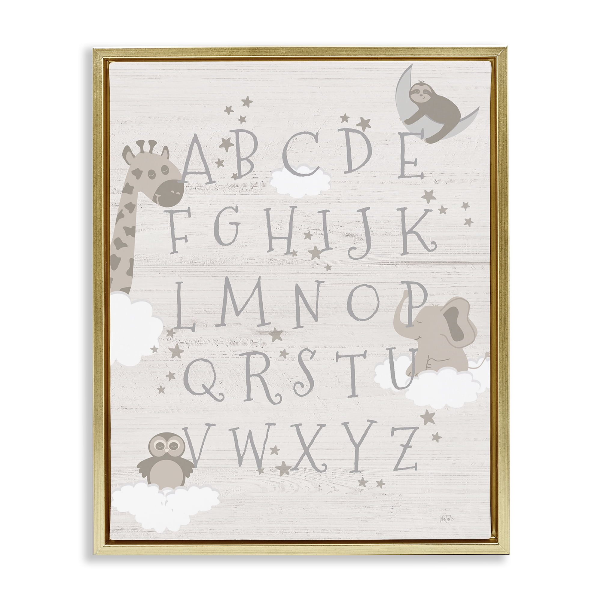 Stupell Industries Neutral Beige Alphabet Animals & Insects Painting Gold Floater Framed Art Print Wall Art, 17 x 21