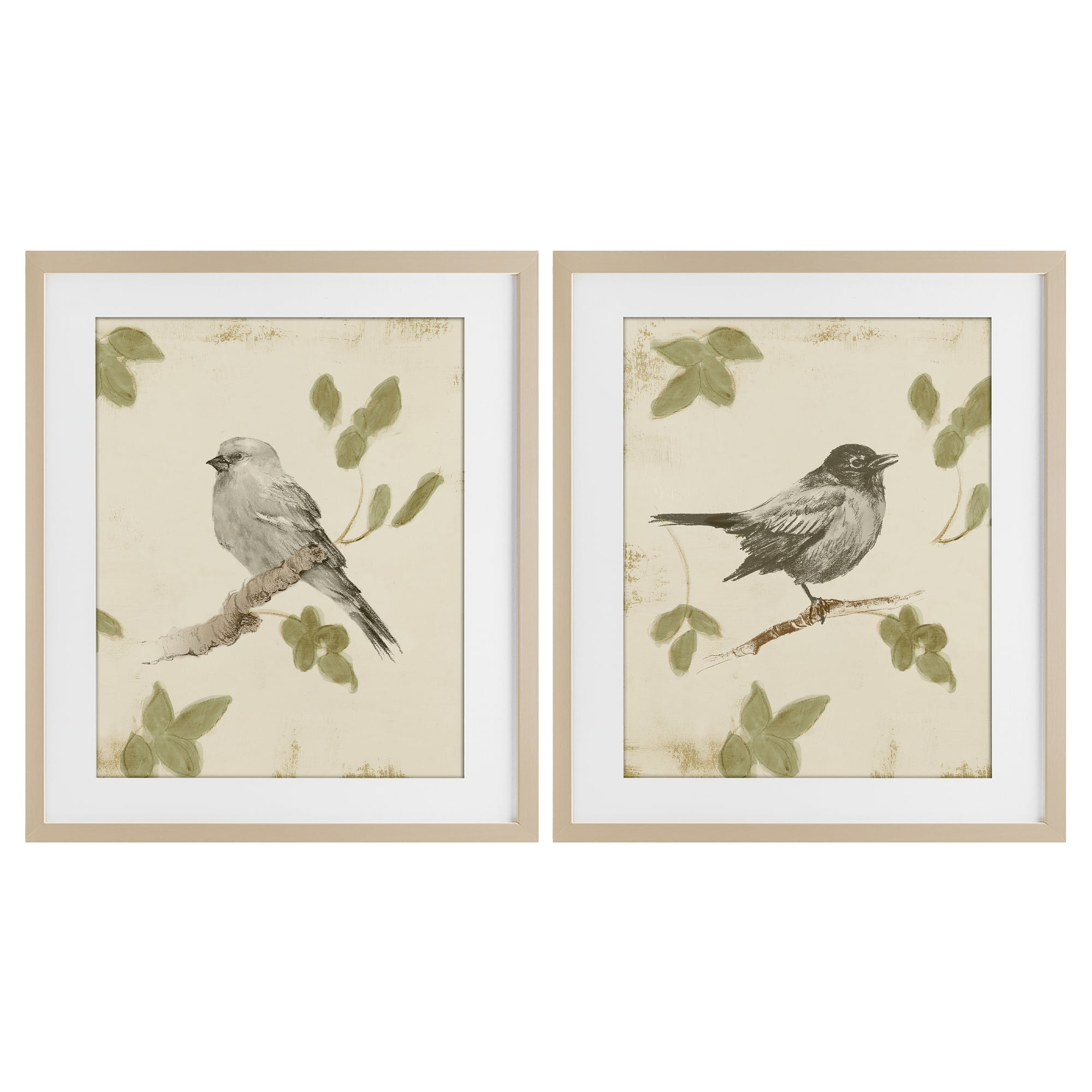 Stupell Industries Neutral Bird Scene 2 Piece Birch Framed Print Under Glass Set, design by Lanie Loreth