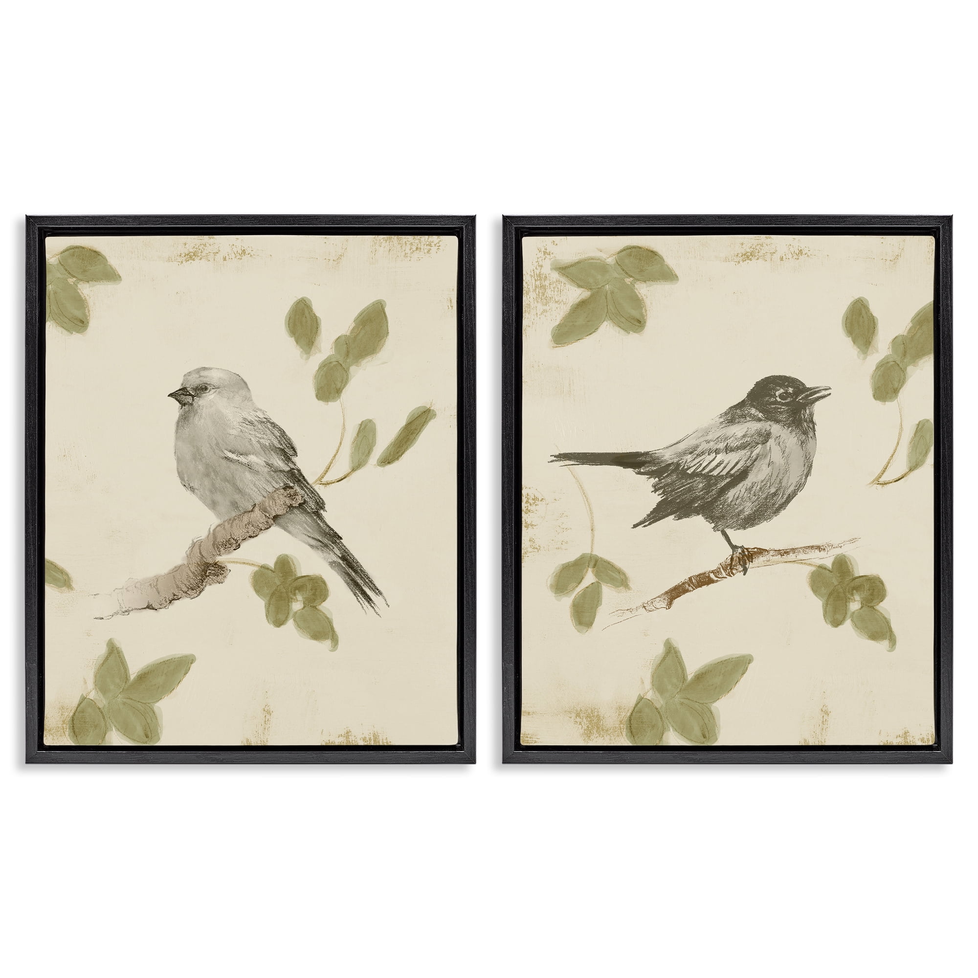Stupell Industries Neutral Bird Scene 2 Piece Black Framed Floater Canvas Set, design by Lanie Loreth