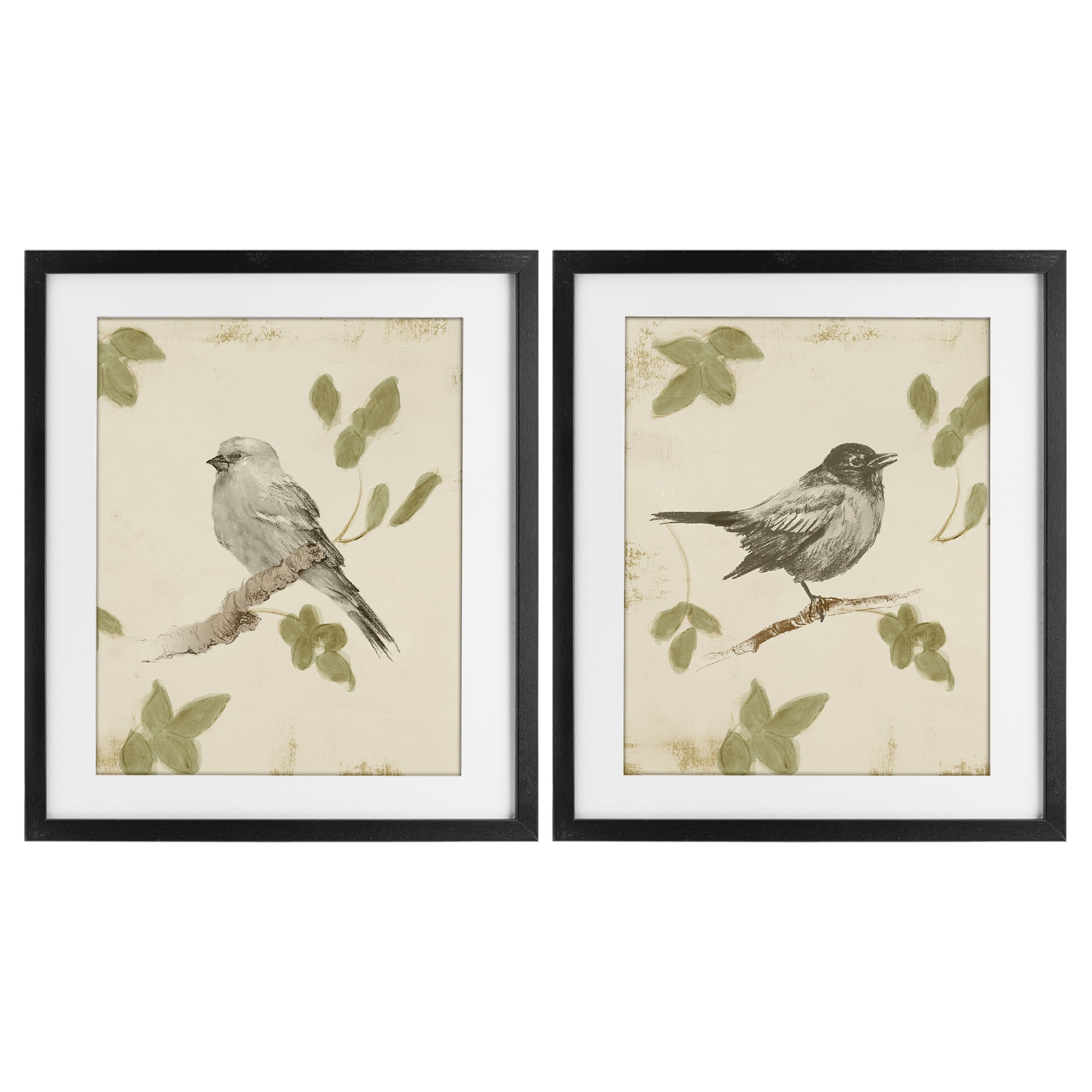 Stupell Industries Neutral Bird Scene 2 Piece Black Framed Print Under Glass Set, design by Lanie Loreth