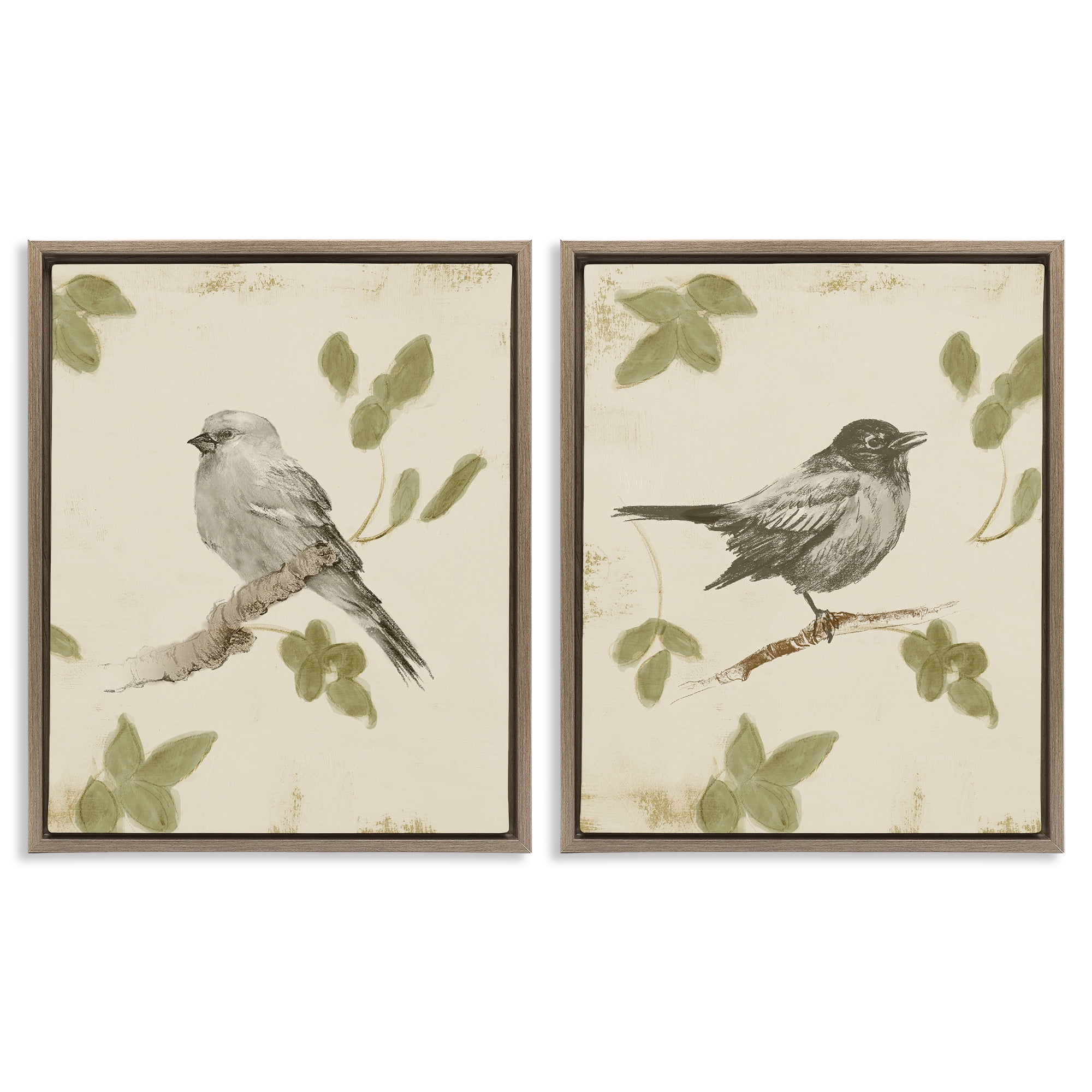 Stupell Industries Neutral Bird Scene 2 Piece Brown Framed Floater Canvas Set, design by Lanie Loreth