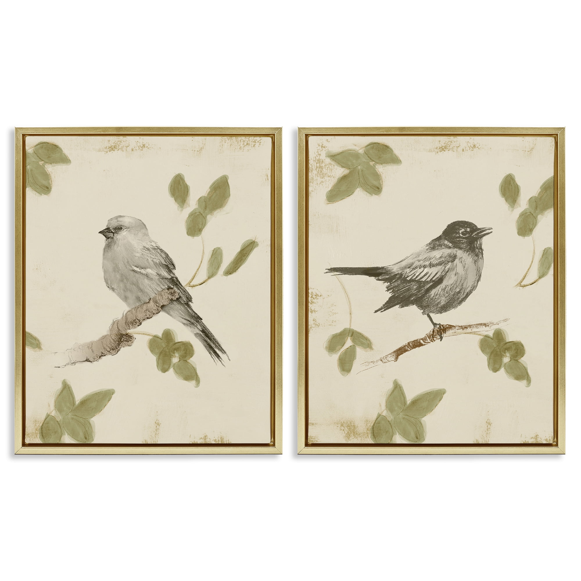 Stupell Industries Neutral Bird Scene 2 Piece Gold Framed Floater Canvas Set, design by Lanie Loreth