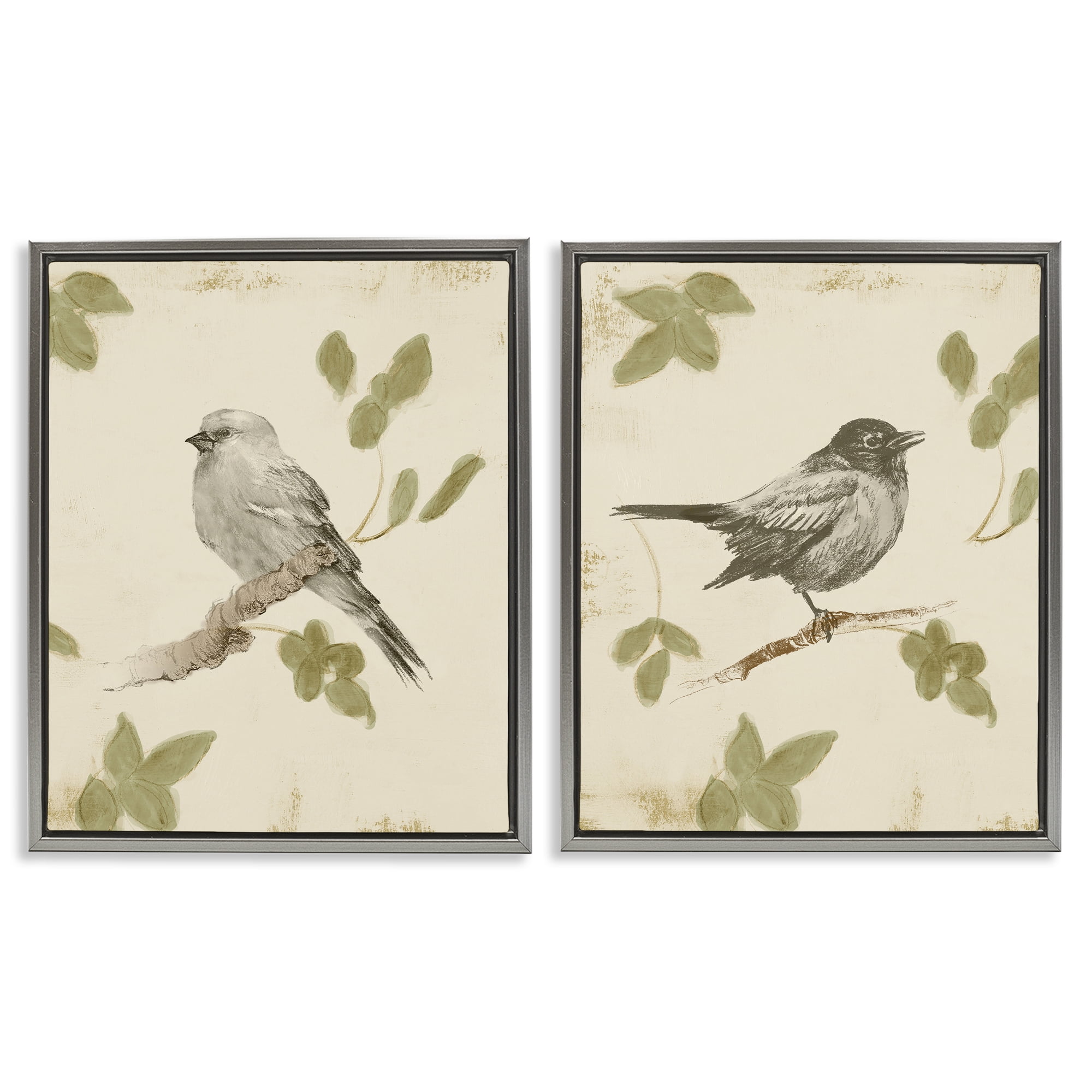 Stupell Industries Neutral Bird Scene 2 Piece Gray Framed Floater Canvas Set, design by Lanie Loreth