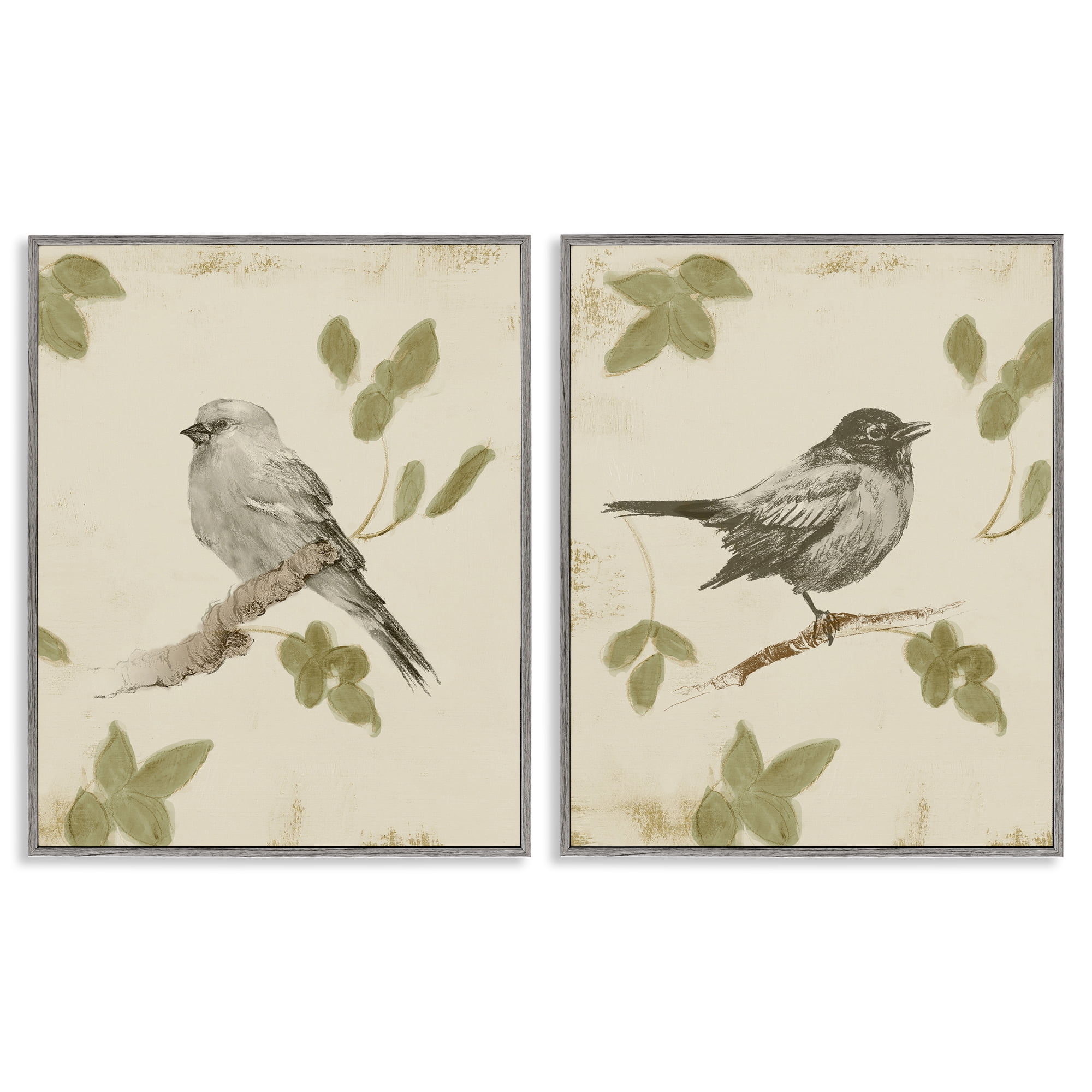 Stupell Industries Neutral Bird Scene 2 Piece Gray Framed Giclee Art Set, design by Lanie Loreth