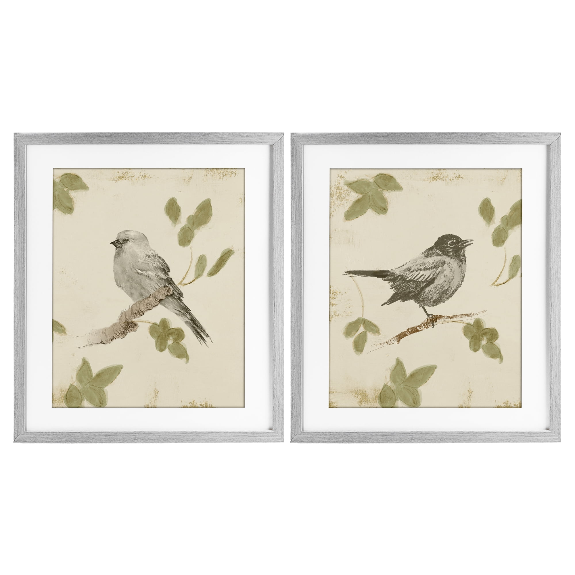 Stupell Industries Neutral Bird Scene 2 Piece Gray Framed Print Under Glass Set, design by Lanie Loreth