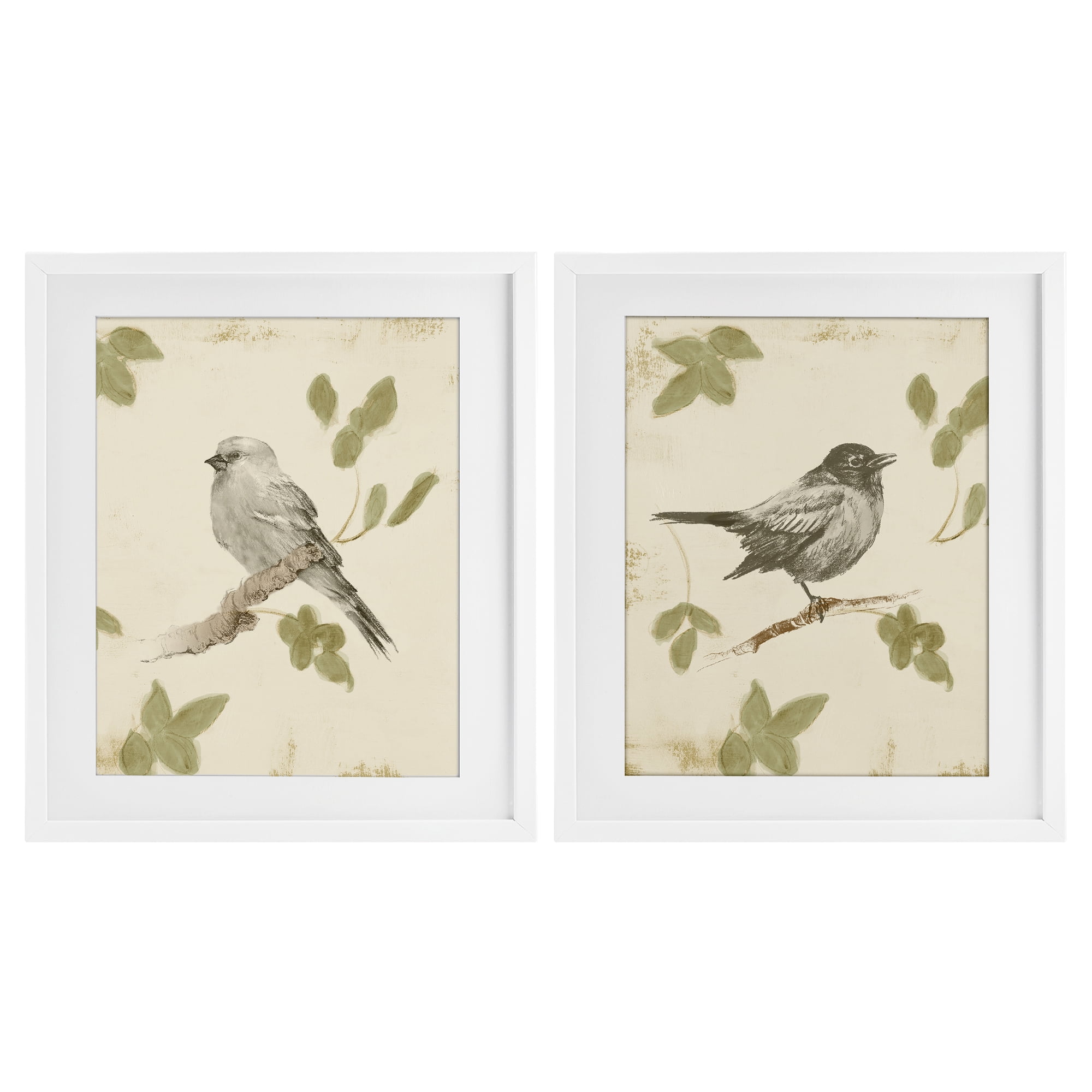 Stupell Industries Neutral Bird Scene 2 Piece White Framed Print Under Glass Set, design by Lanie Loreth