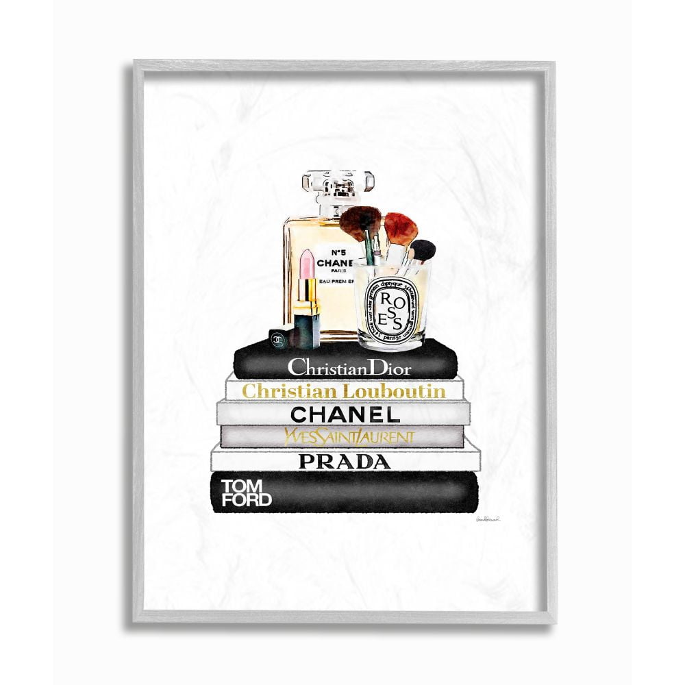 Stupell Industries Neutral Black and White Fashion Bookstack with Perfume and Makeup Framed Wall Art by Amanda Greenwood