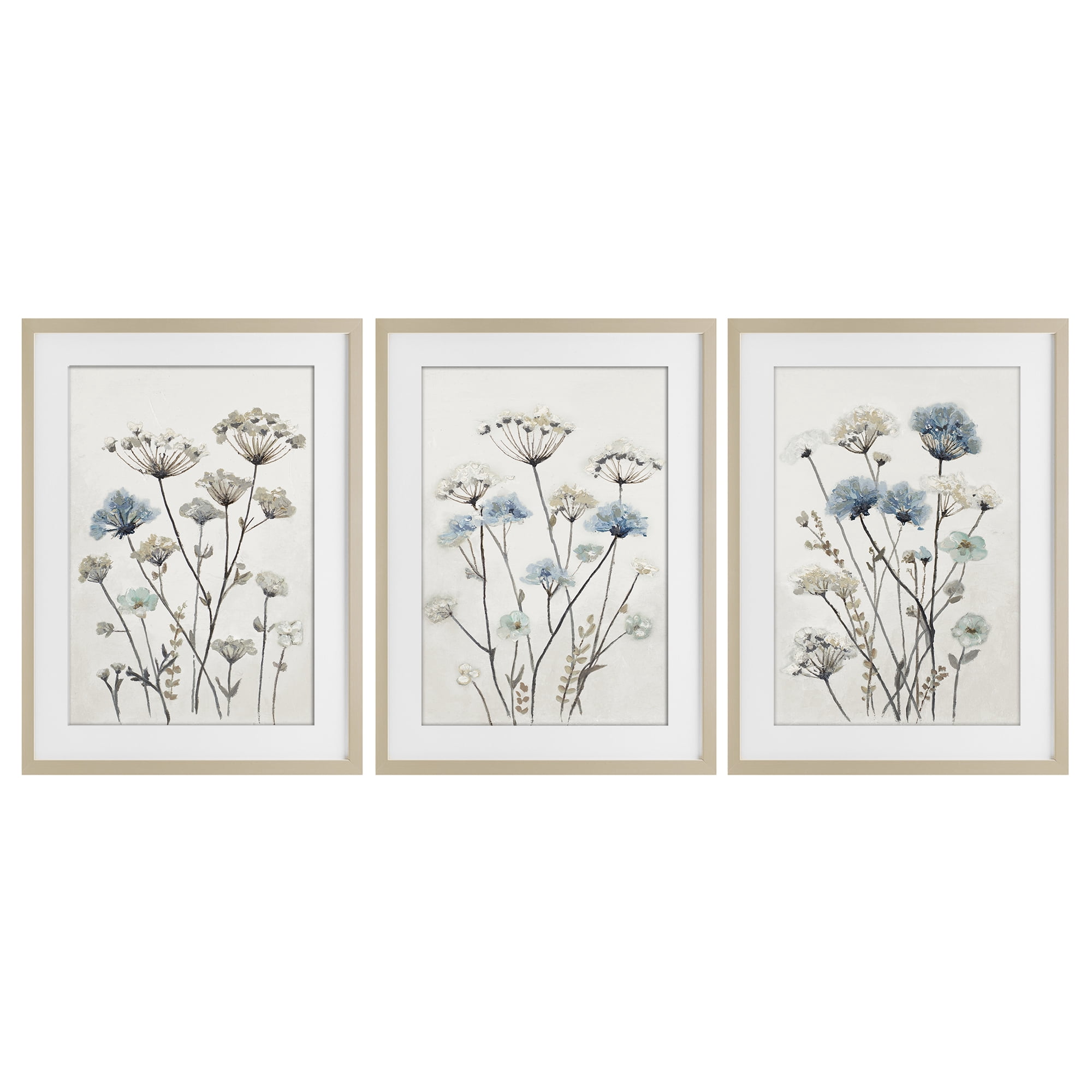 Stupell Industries Neutral & Blue Garden 3 Piece Birch Framed Print Under Glass Set, design by Patricia Pinto