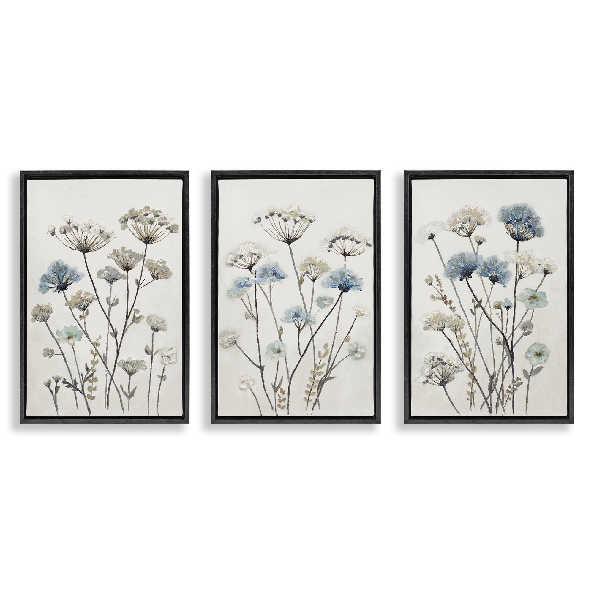 Stupell Industries Neutral & Blue Garden 3 Piece Black Framed Floater Canvas Set, design by Patricia Pinto
