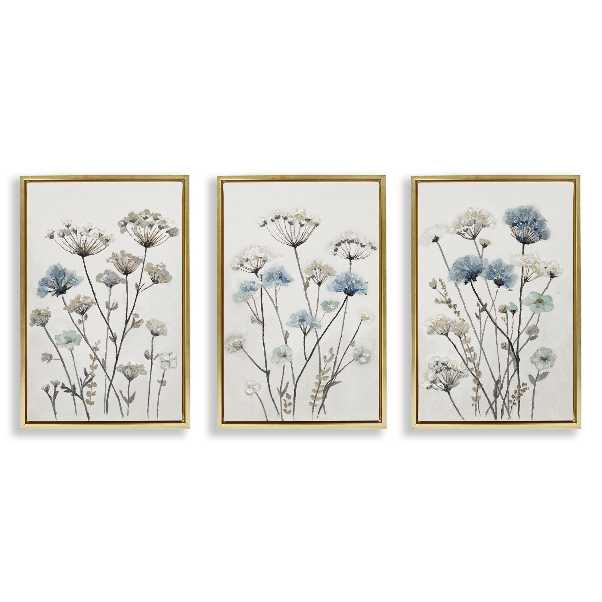 Stupell Industries Neutral & Blue Garden 3 Piece Gold Framed Floater Canvas Set, design by Patricia Pinto