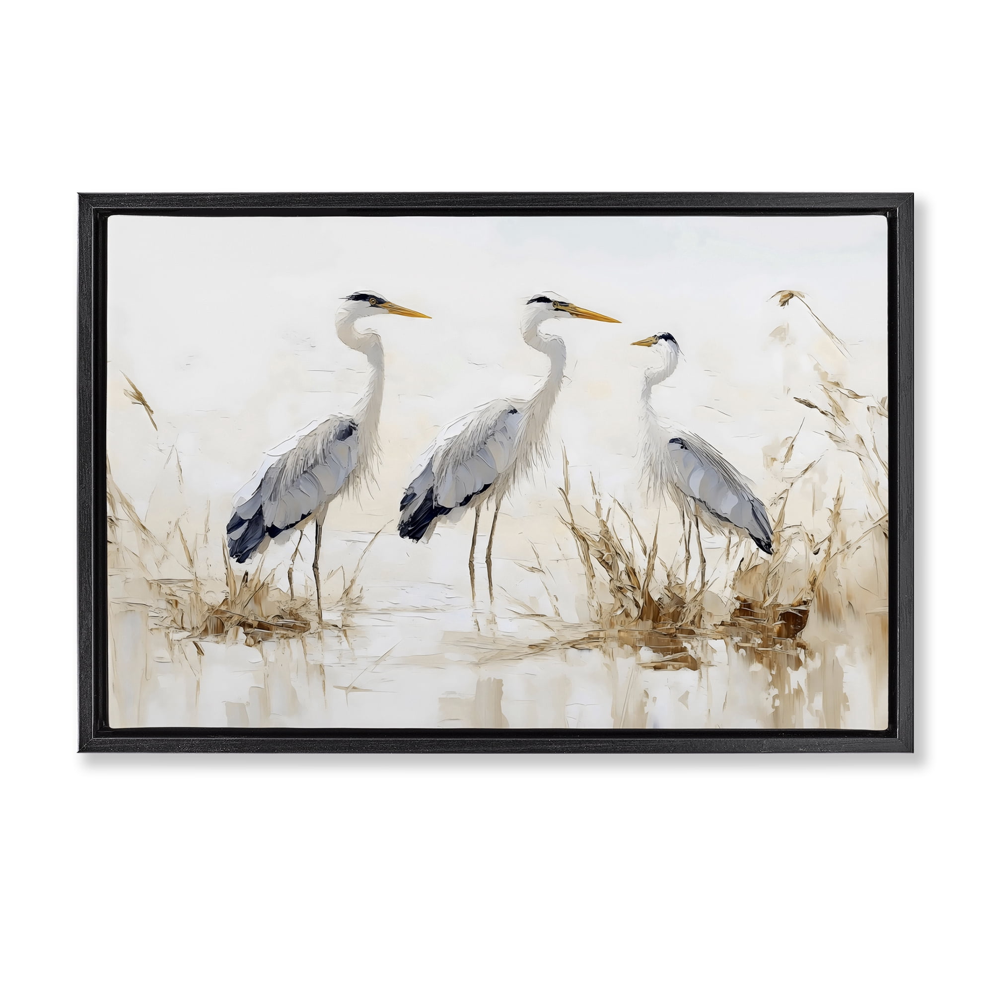 Stupell Industries Neutral Blue Herons in Reeds Black Framed Floater Canvas Wall Art, design by LSR Design Studio