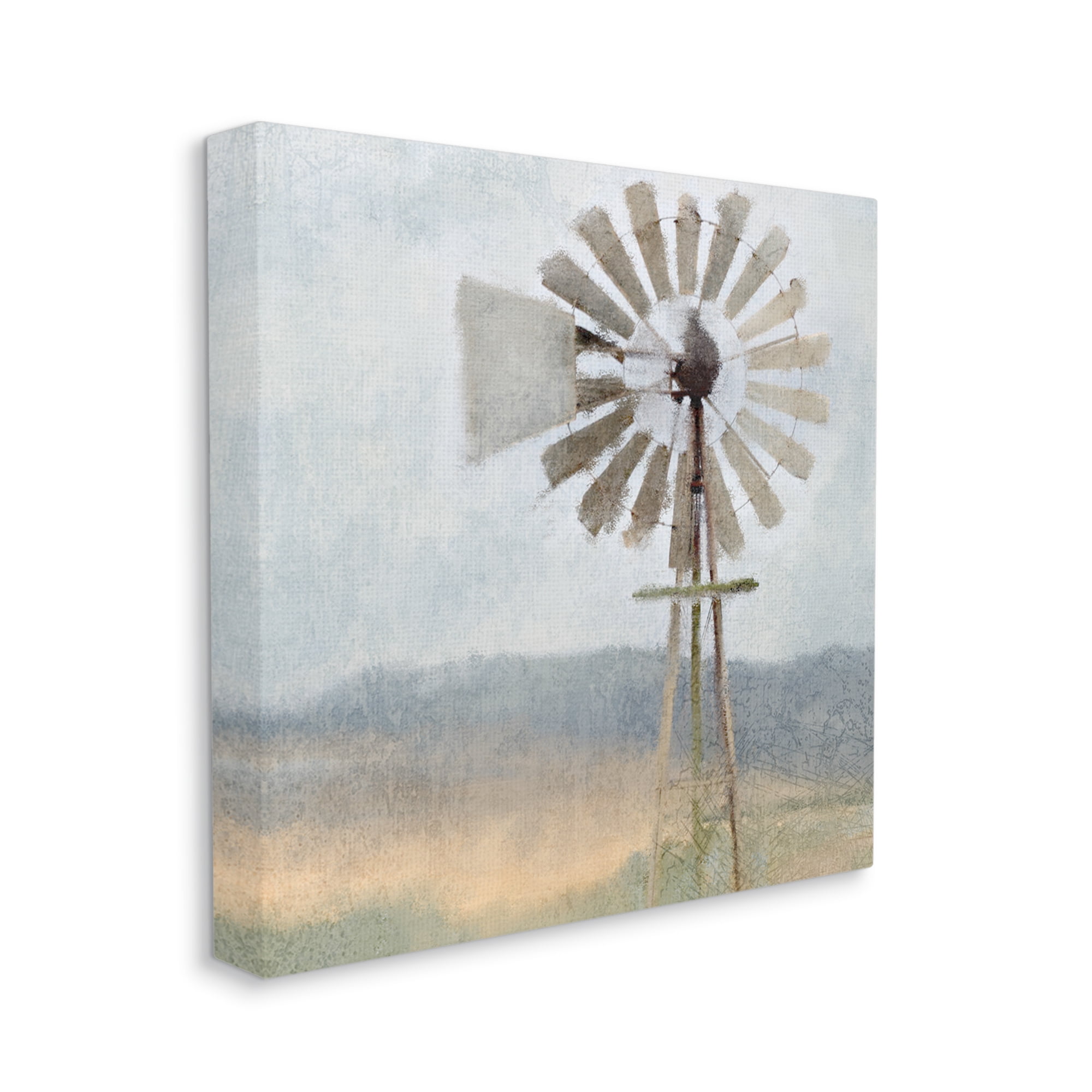 Stupell Industries Neutral Blue Windmill Breeze Farmyard Painting Landscape Painting Gallery Wrapped Canvas Art Print Wall Art, 36 x 36