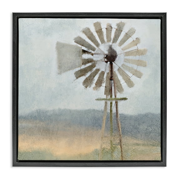 Stupell Industries Neutral Blue Windmill Breeze Landscape Painting Black Floater Framed Canvas Art Print Wall Art, 25 x 25