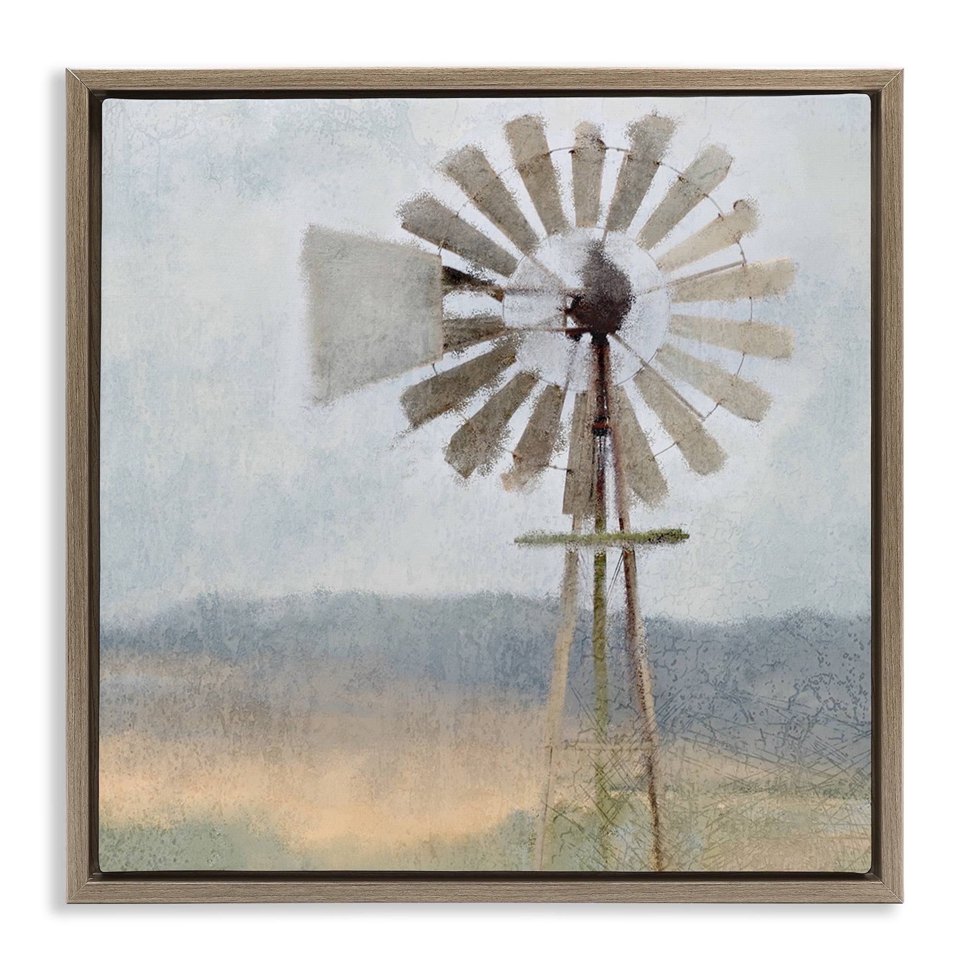 Stupell Industries Neutral Blue Windmill Breeze Landscape Painting Brown Floater Framed Canvas Art Print Wall Art, 18 x 18