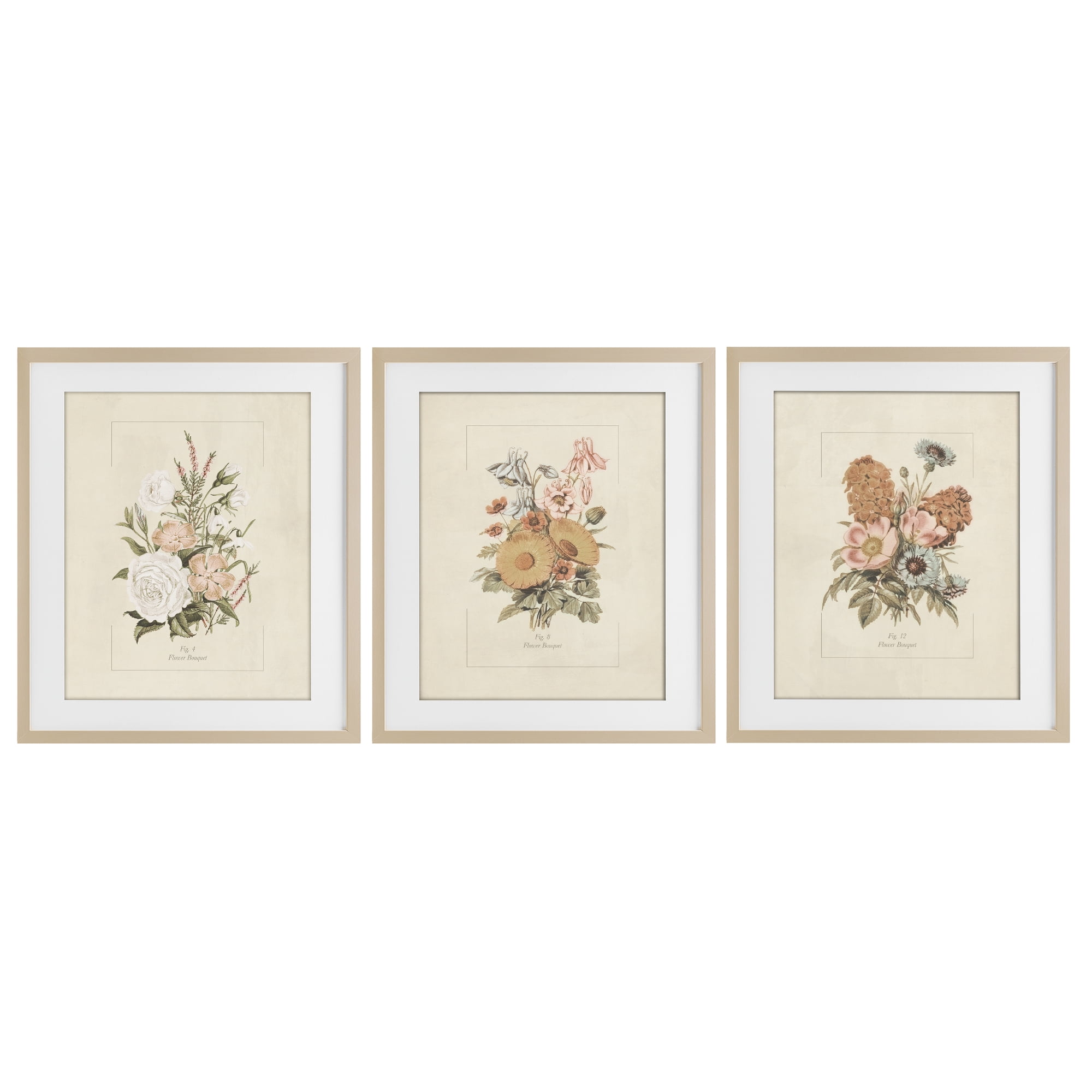 Stupell Industries Neutral Bouquet Studies 3 Piece Birch Framed Print Under Glass Set, design by Dan Meneely