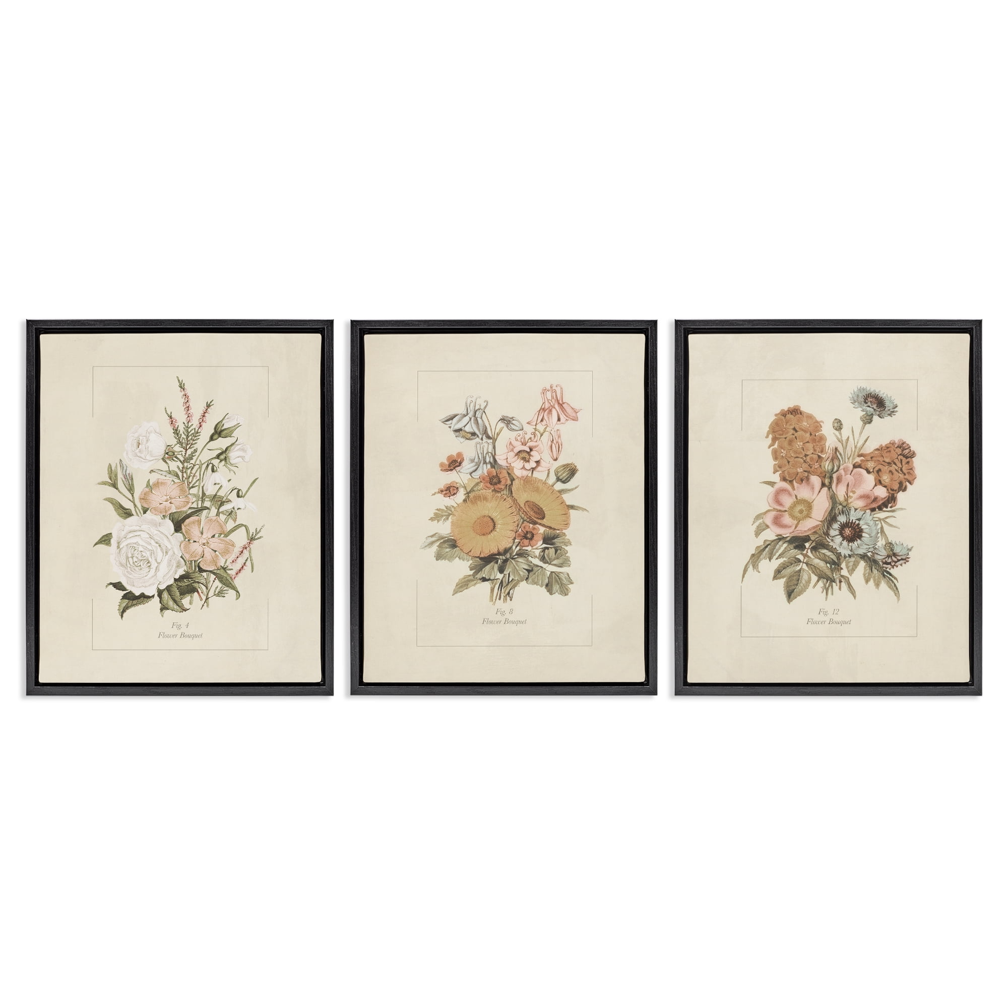 Stupell Industries Neutral Bouquet Studies 3 Piece Black Framed Floater Canvas Set, design by Dan Meneely