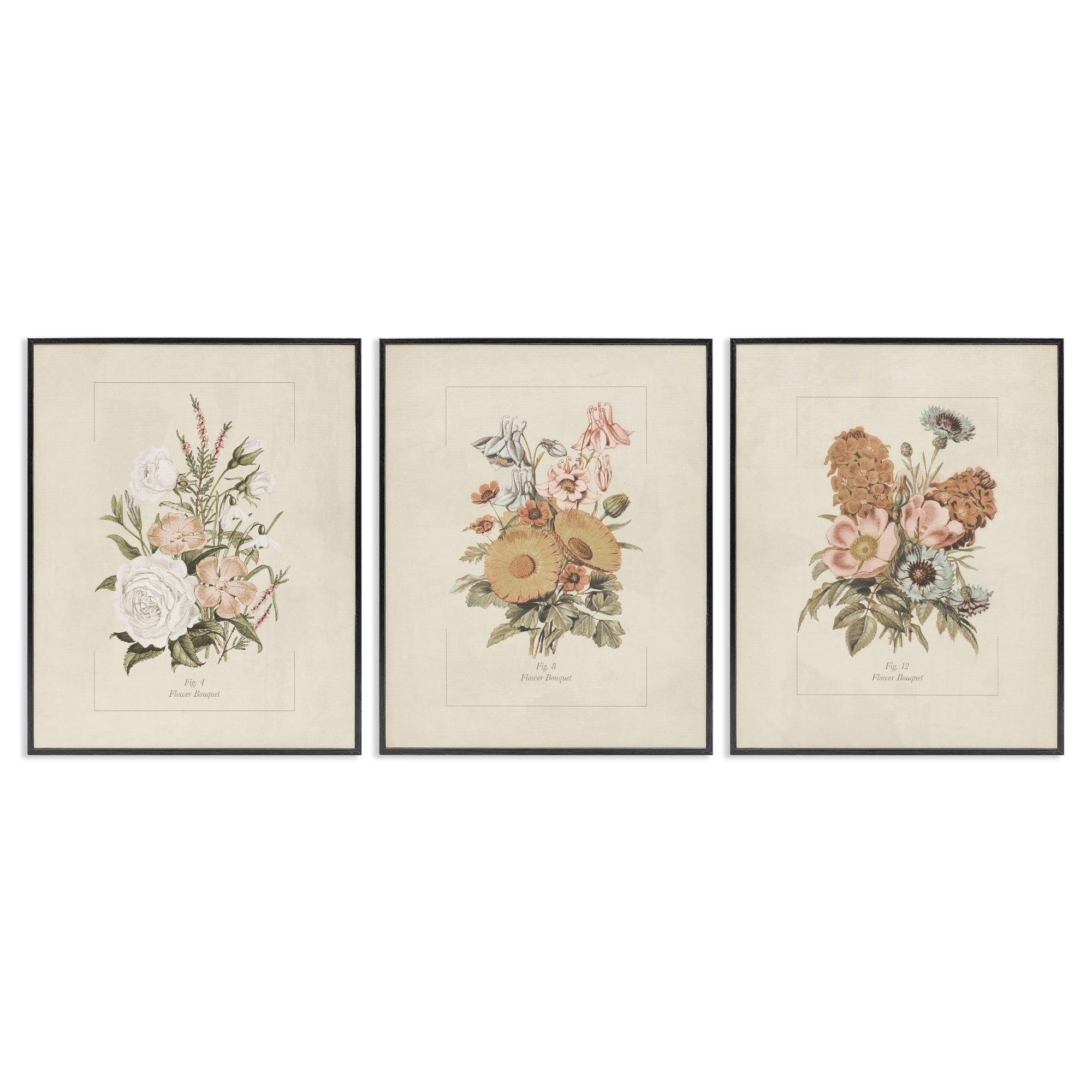 Stupell Industries Neutral Bouquet Studies 3 Piece Black Framed Giclee Art Set, design by Dan Meneely