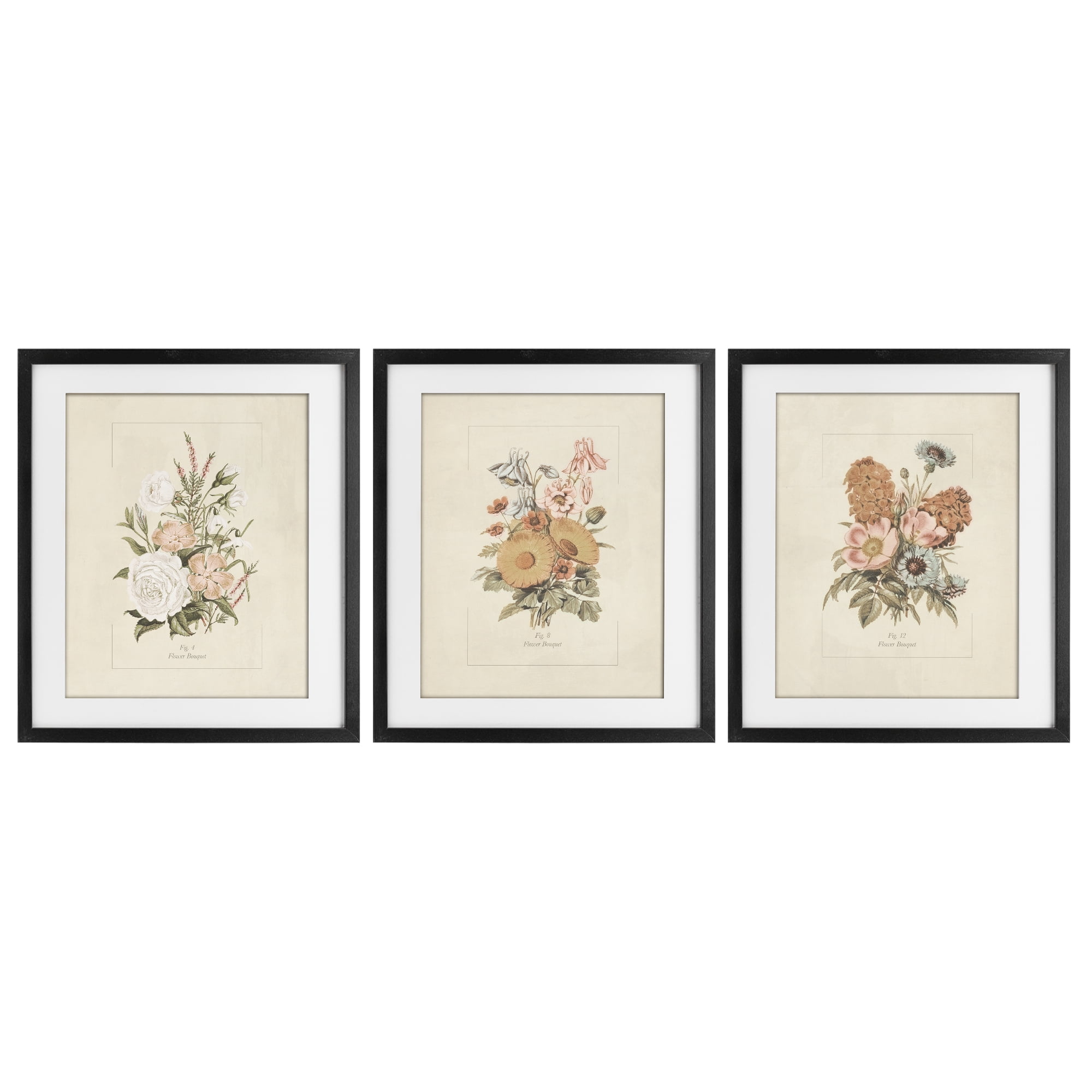 Stupell Industries Neutral Bouquet Studies 3 Piece Black Framed Print Under Glass Set, design by Dan Meneely