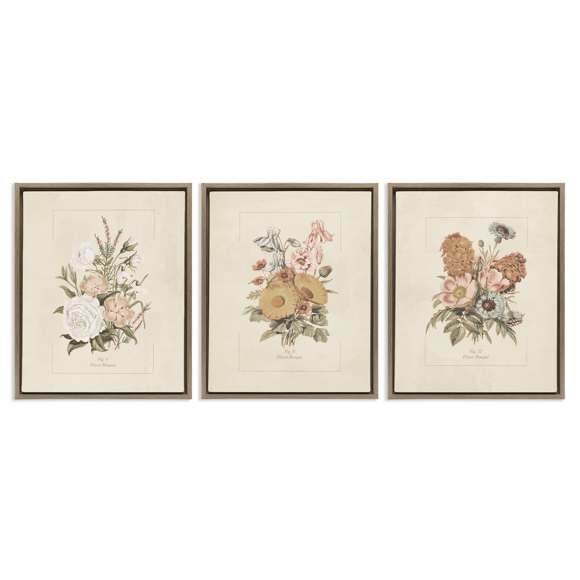 Stupell Industries Neutral Bouquet Studies 3 Piece Brown Framed Floater Canvas Set, design by Dan Meneely