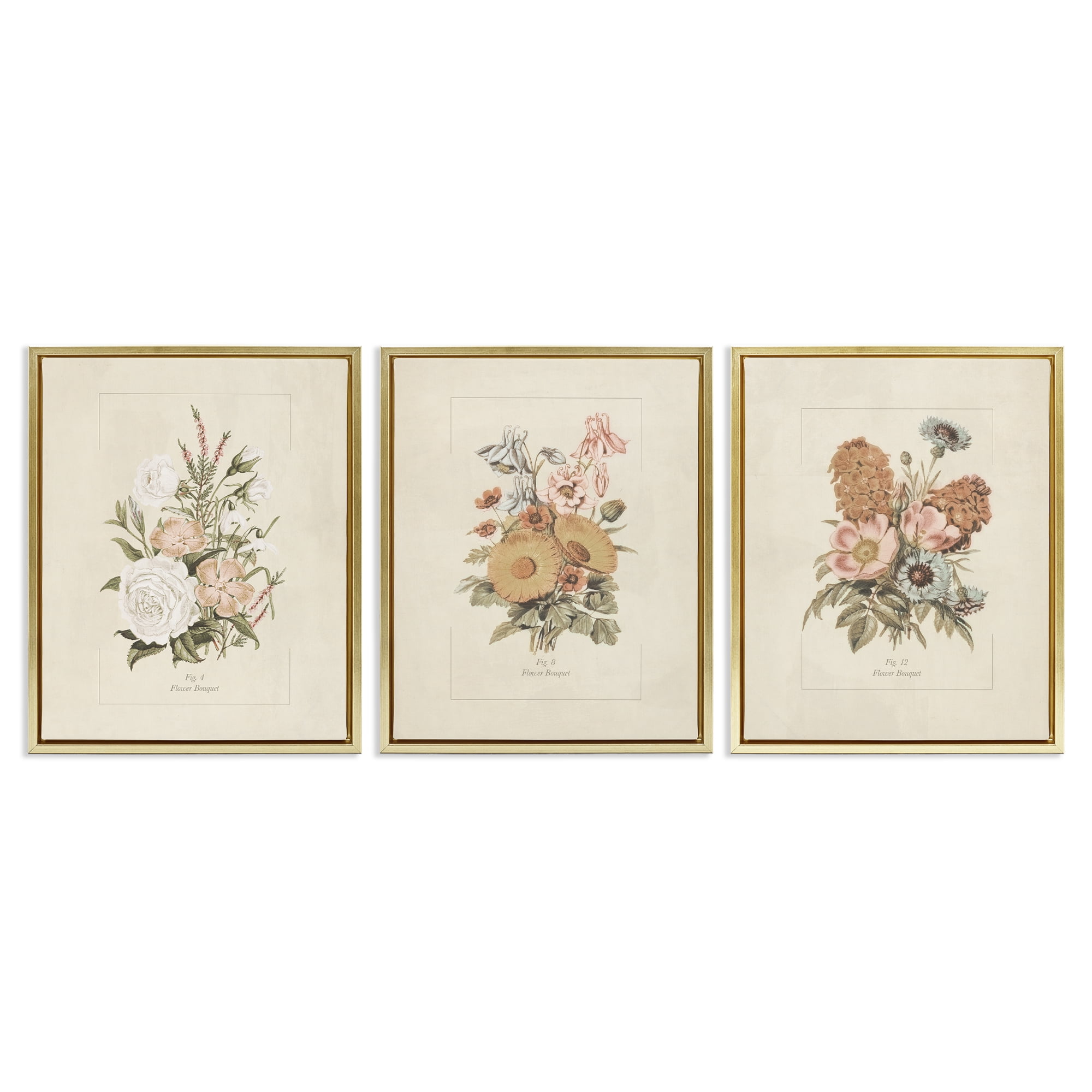 Stupell Industries Neutral Bouquet Studies 3 Piece Gold Framed Floater Canvas Set, design by Dan Meneely