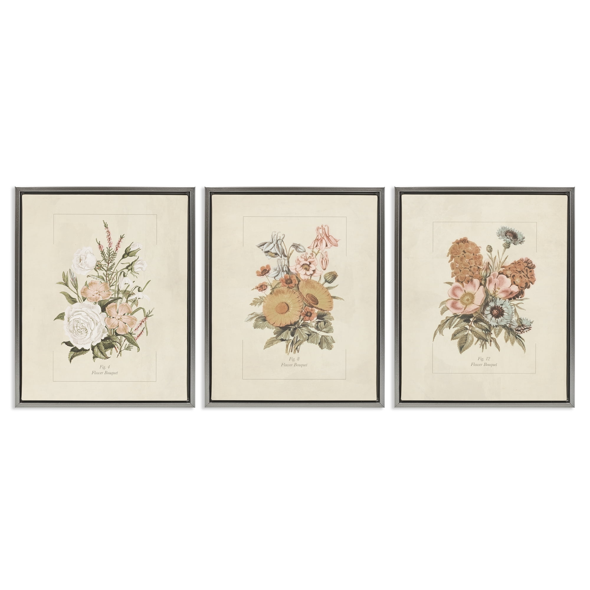 Stupell Industries Neutral Bouquet Studies 3 Piece Gray Framed Floater Canvas Set, design by Dan Meneely