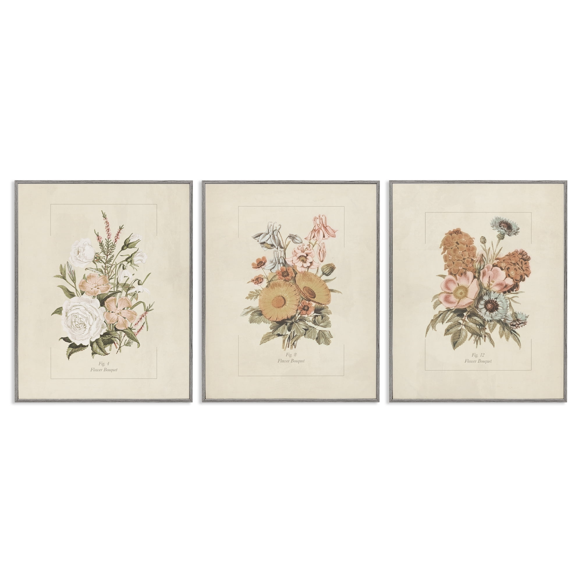 Stupell Industries Neutral Bouquet Studies 3 Piece Gray Framed Giclee Art Set, design by Dan Meneely