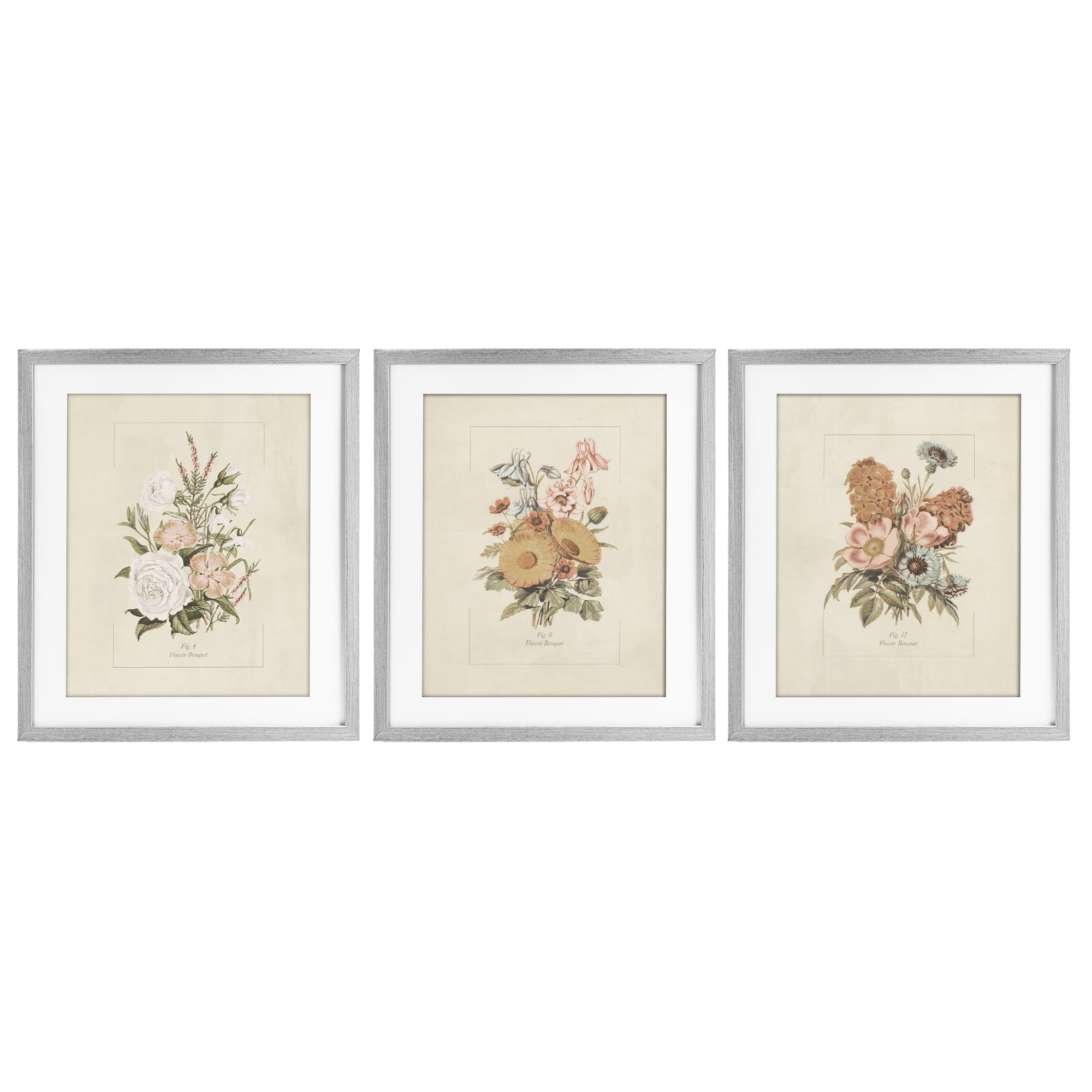 Stupell Industries Neutral Bouquet Studies 3 Piece Gray Framed Print Under Glass Set, design by Dan Meneely