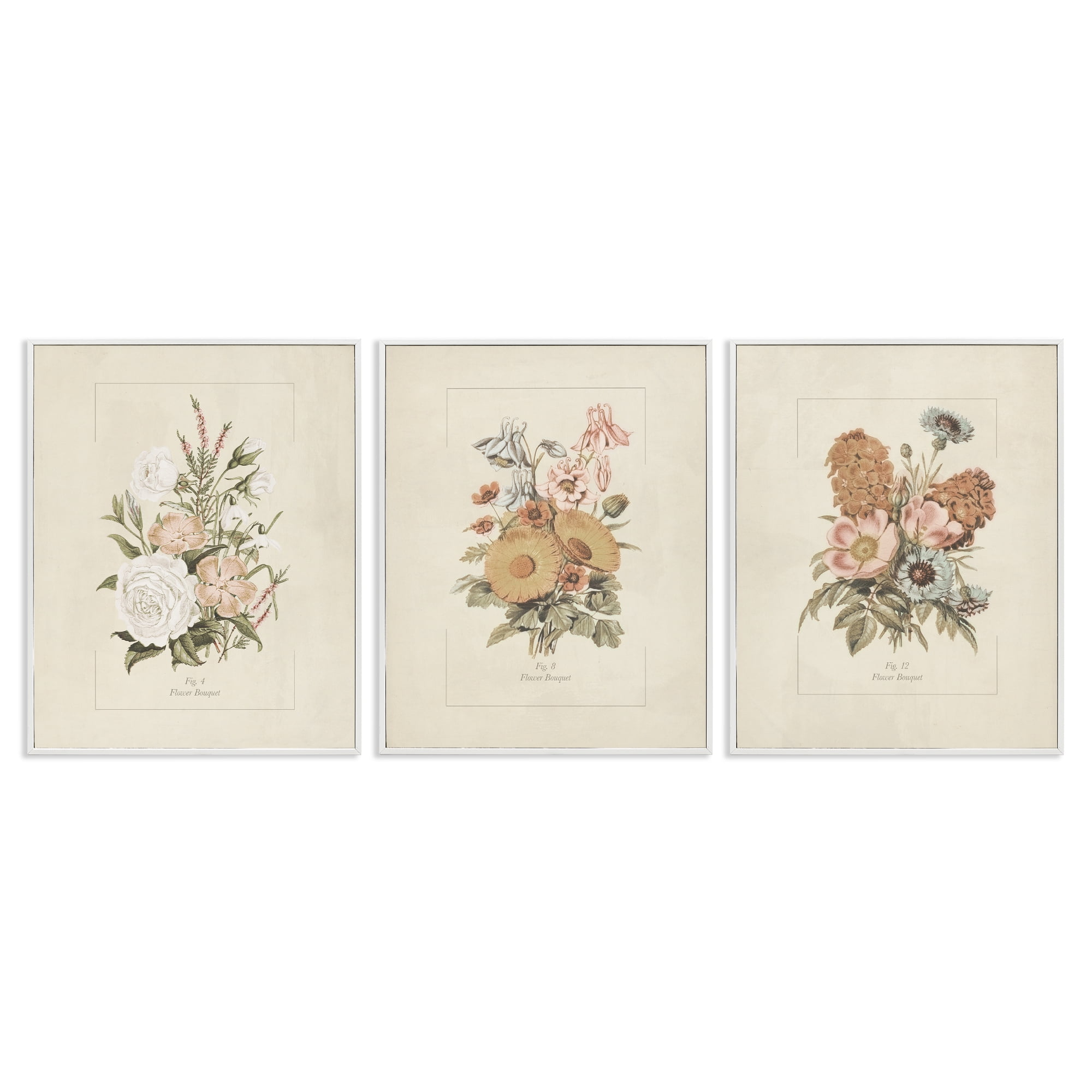 Stupell Industries Neutral Bouquet Studies 3 Piece White Framed Giclee Art Set, design by Dan Meneely