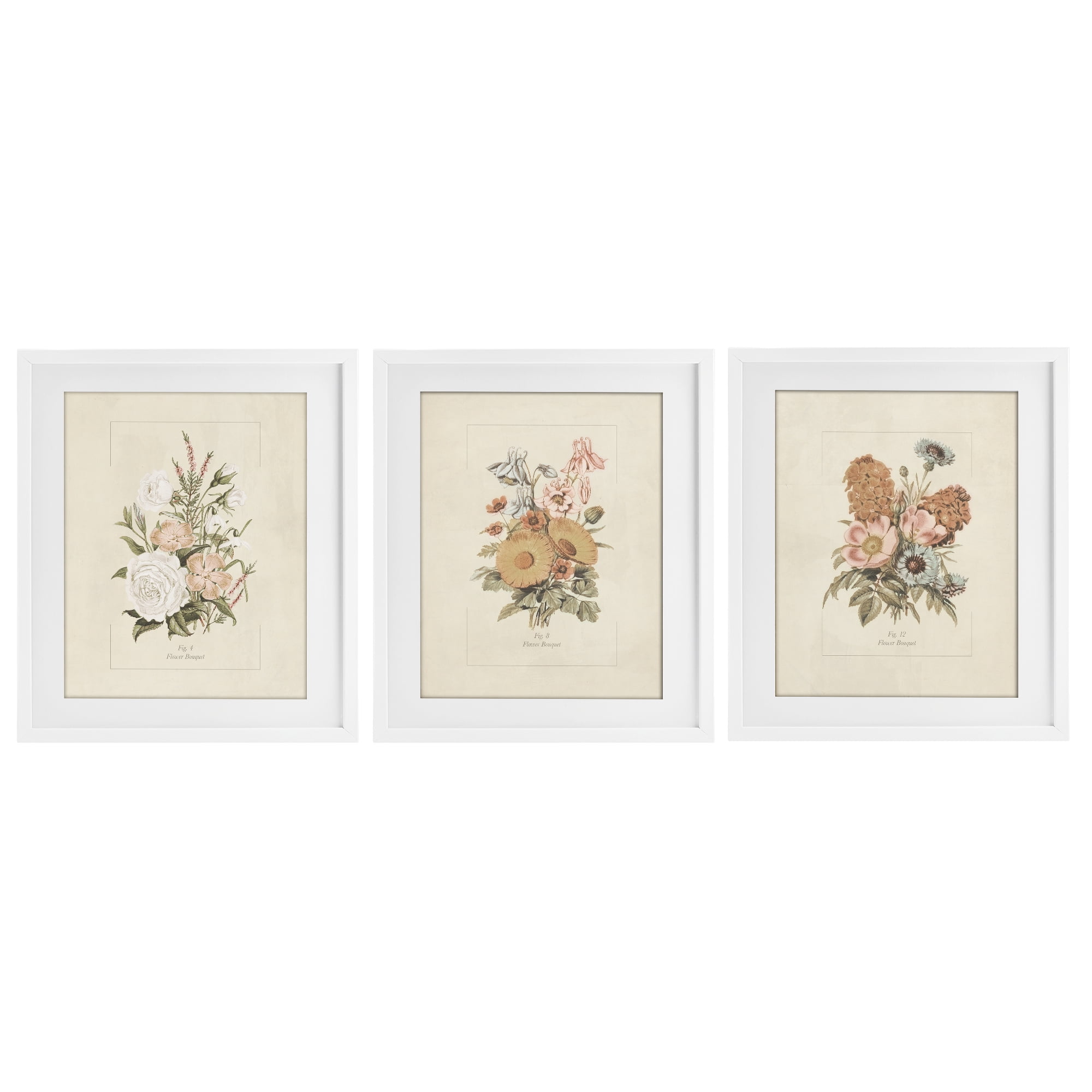 Stupell Industries Neutral Bouquet Studies 3 Piece White Framed Print Under Glass Set, design by Dan Meneely