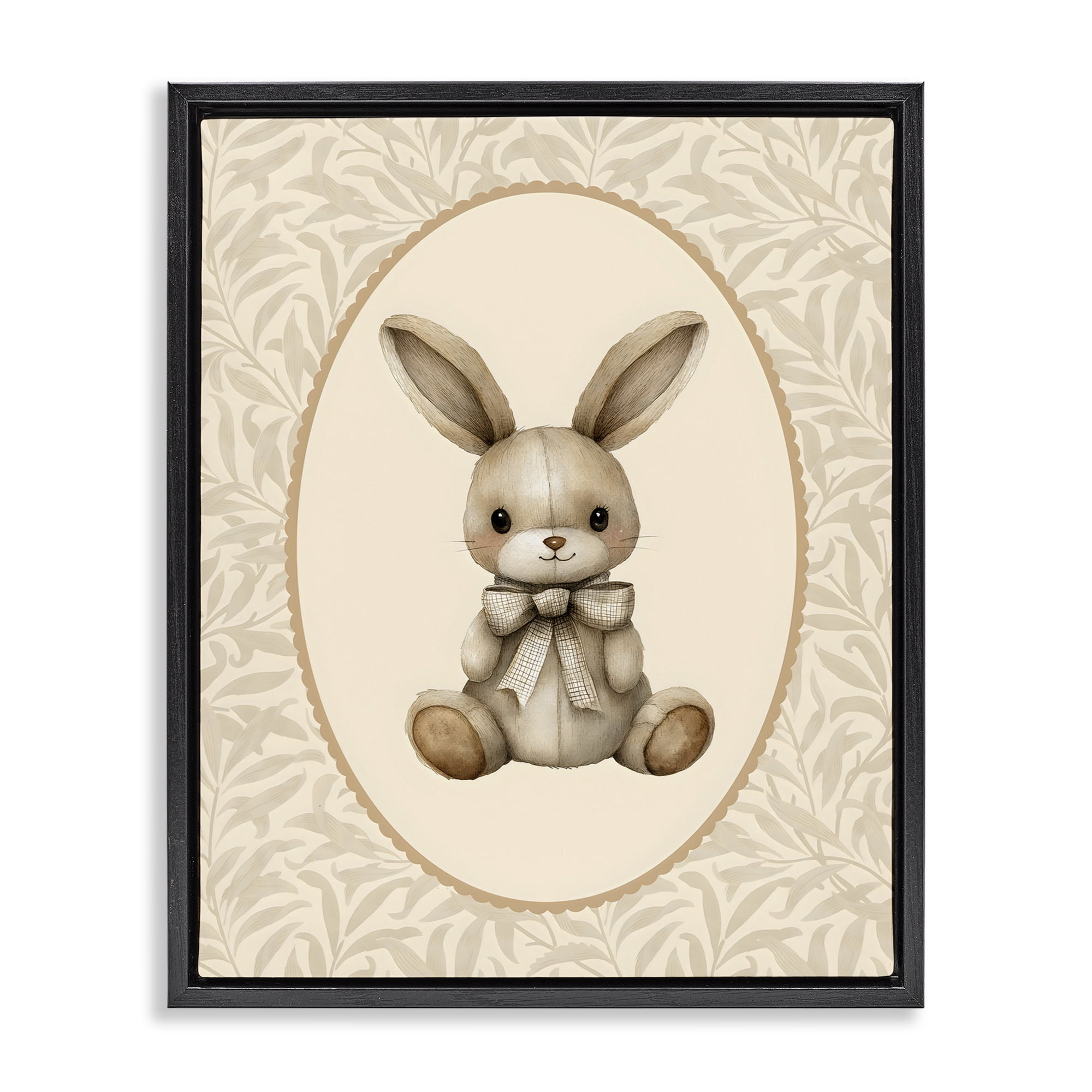 Stupell Industries Neutral Bunny in Oval Border Black Framed Floater Canvas Wall Art, design by LSR Design Studio