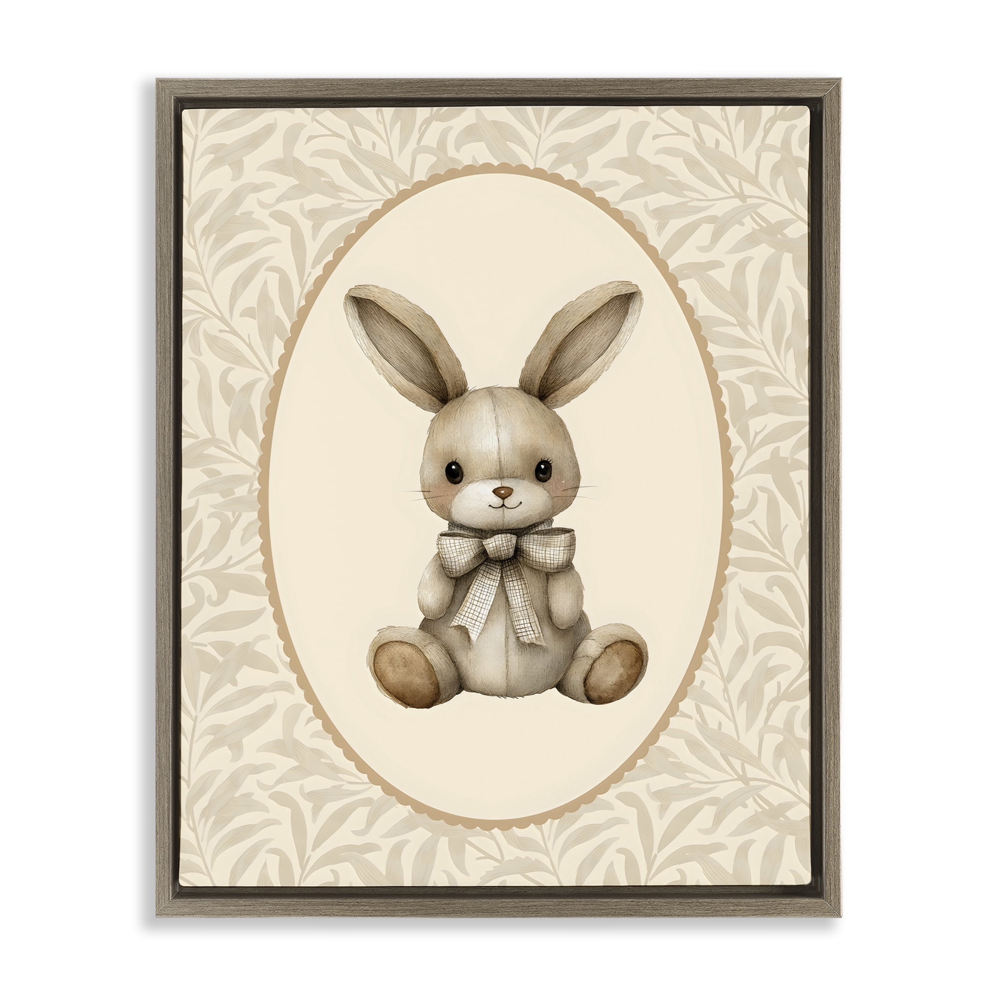Stupell Industries Neutral Bunny in Oval Border Brown Framed Floater Canvas Wall Art, design by LSR Design Studio