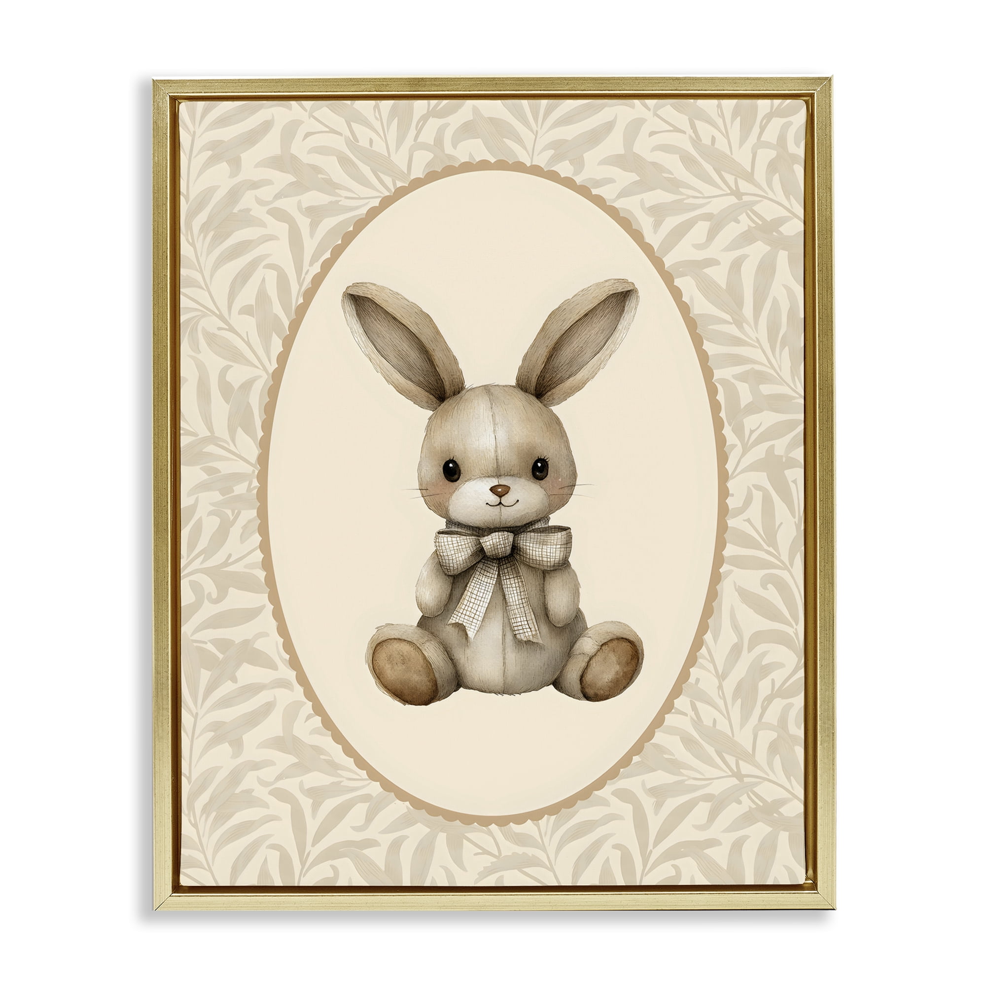 Stupell Industries Neutral Bunny in Oval Border Gold Framed Floater Canvas Wall Art, design by LSR Design Studio