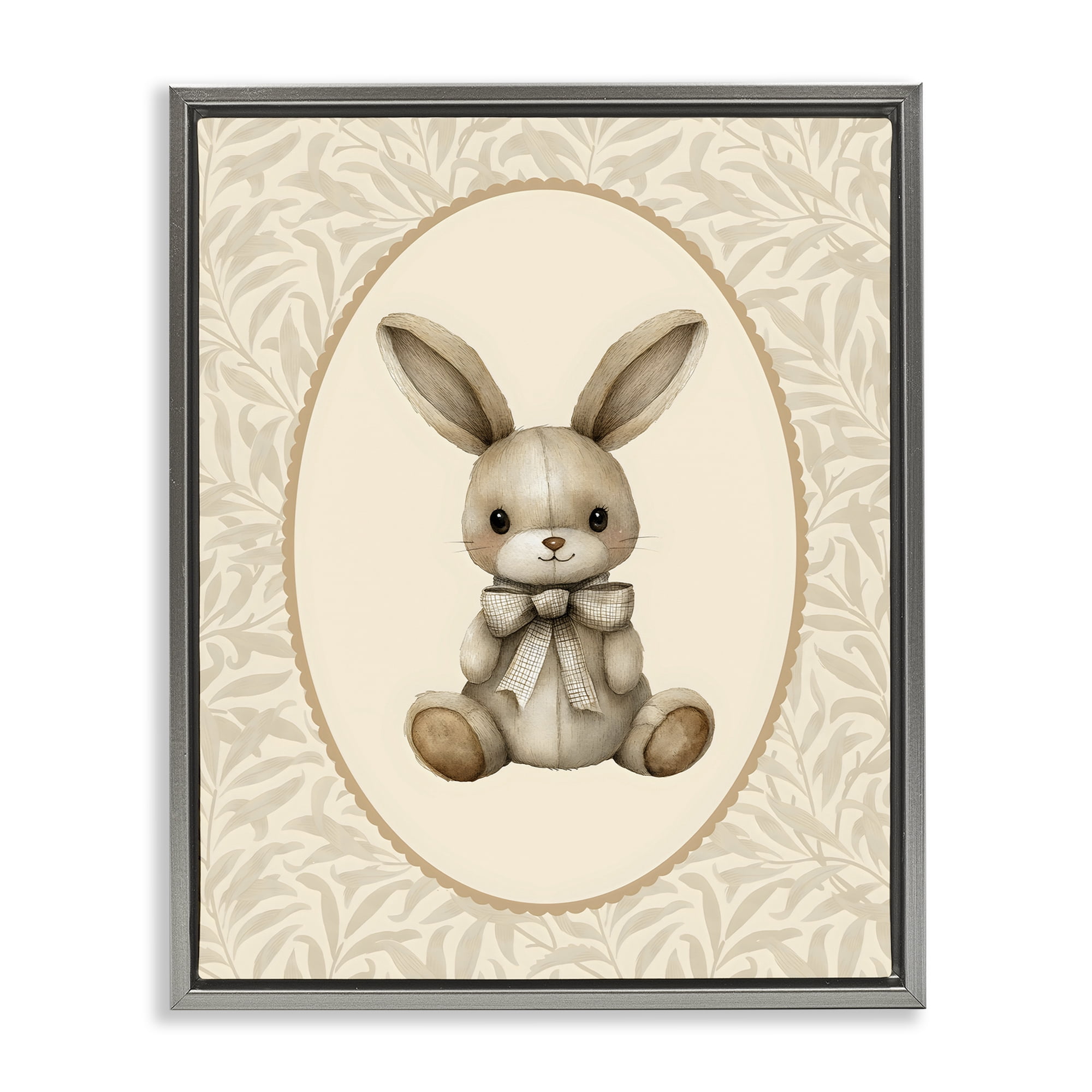 Stupell Industries Neutral Bunny in Oval Border Gray Framed Floater Canvas Wall Art, design by LSR Design Studio