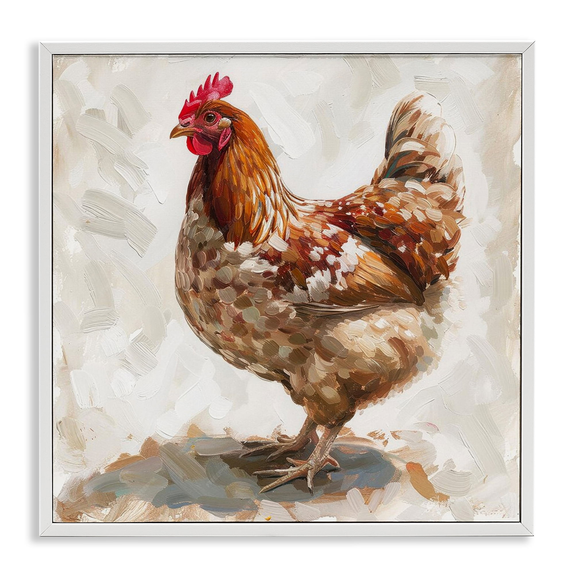Stupell Industries Neutral Chicken on Beige Animals Painting White Framed Art Print Wall Art, 12 x 12