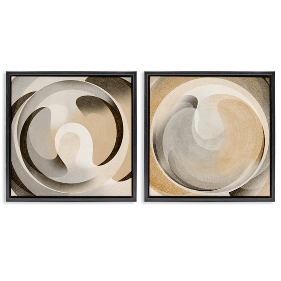 Stupell Industries Neutral Circular Vortex Abstract Painting Black Floater Framed Canvas Art Print Wall Art, 25 x 25, Set of 2