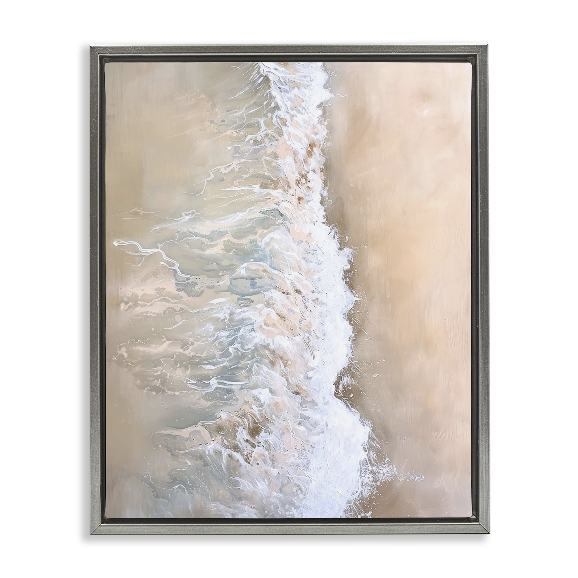 Stupell Industries Neutral Coast Wave Crash Landscape & Nature Painting Gray Floater Framed Canvas Art Print Wall Art, 17 x 21