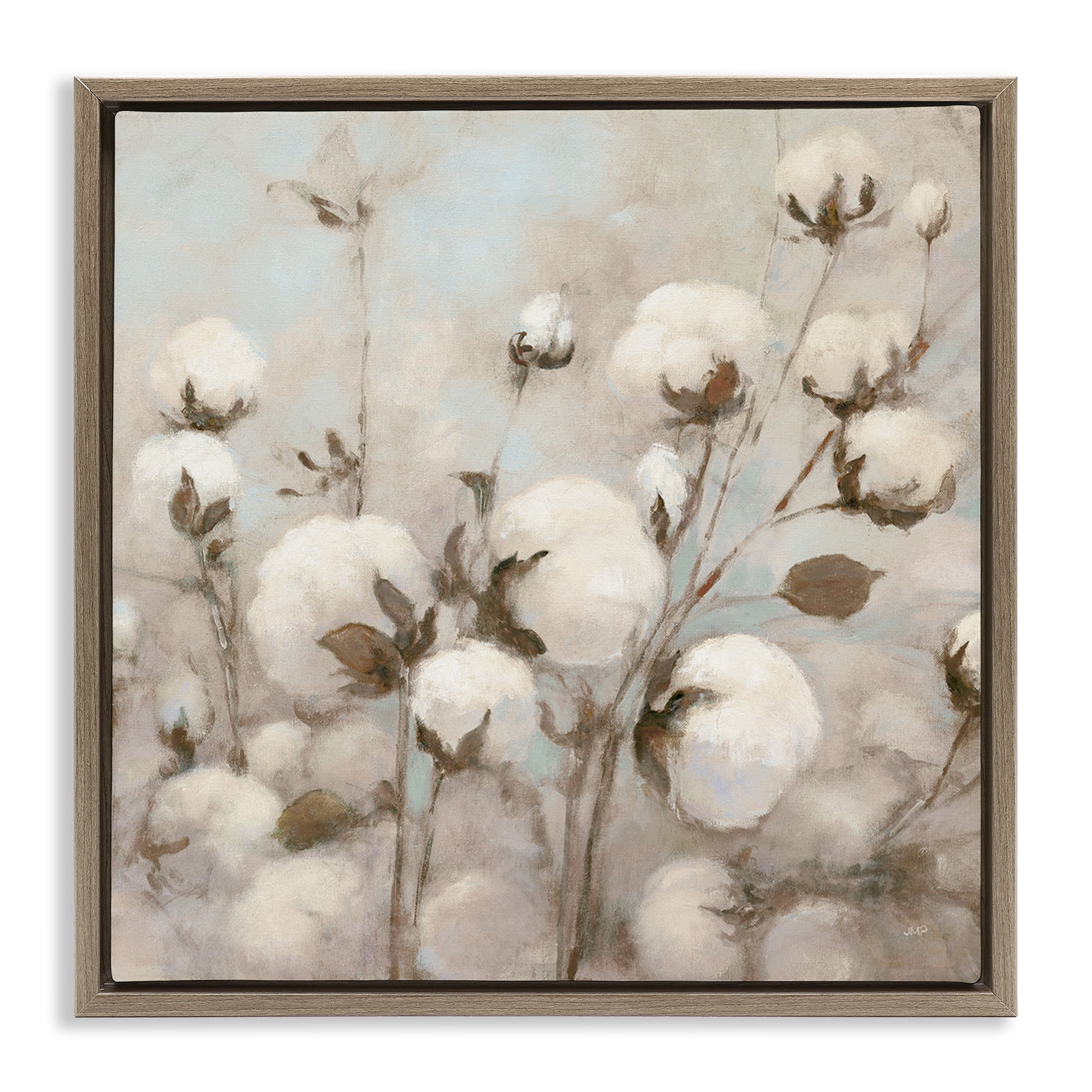 Stupell Industries Neutral Cotton Flower Painting Botanical & Floral Painting Brown Floater Framed Canvas Art Print Wall Art, 25 x 25