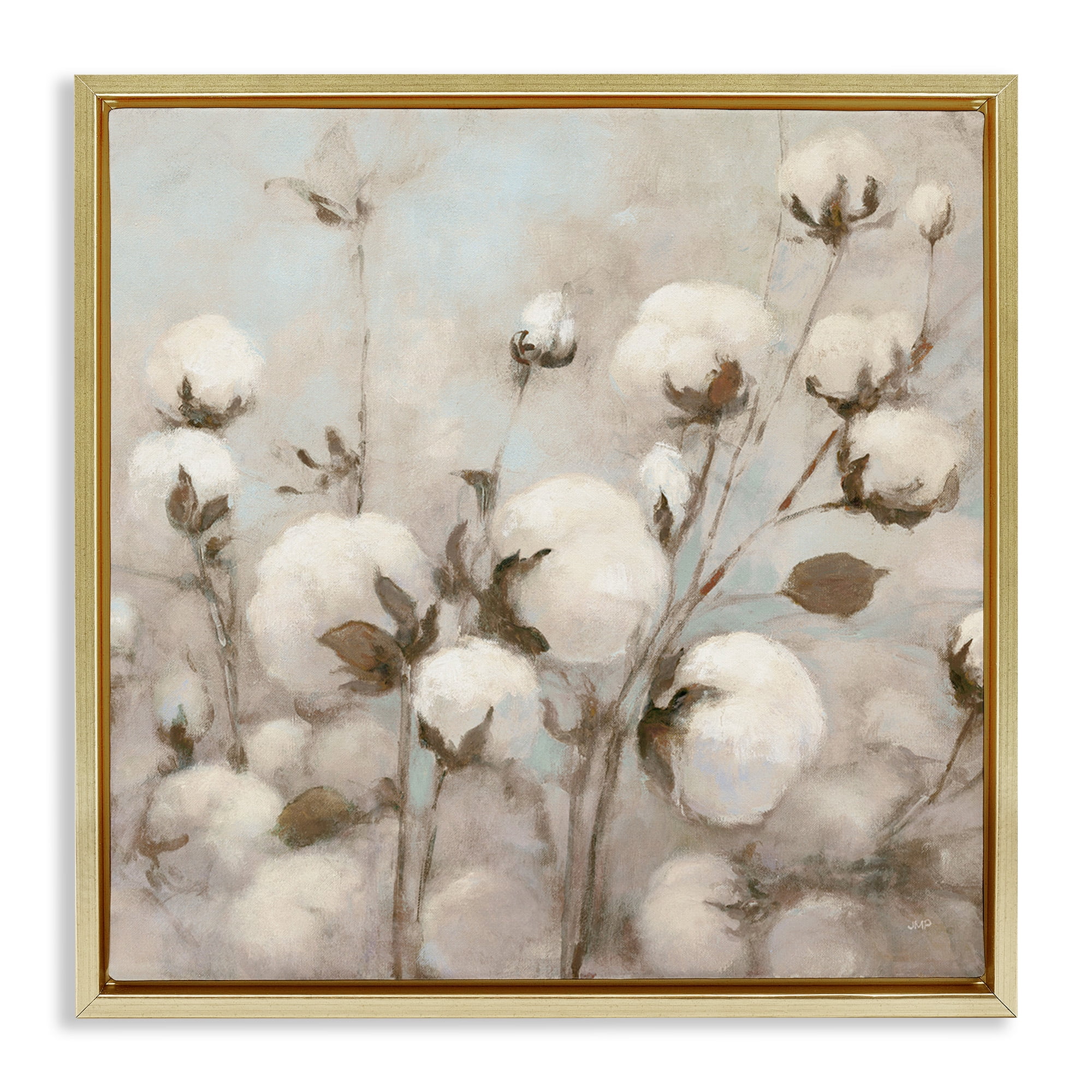 Stupell Industries Neutral Cotton Flower Painting Botanical & Floral Painting Gold Floater Framed Canvas Art Print Wall Art, 18 x 18