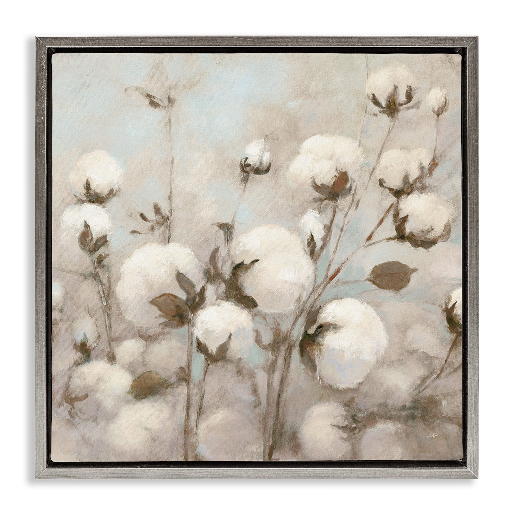 Stupell Industries Neutral Cotton Flower Painting Botanical & Floral Painting Gray Floater Framed Canvas Art Print Wall Art, 18 x 18