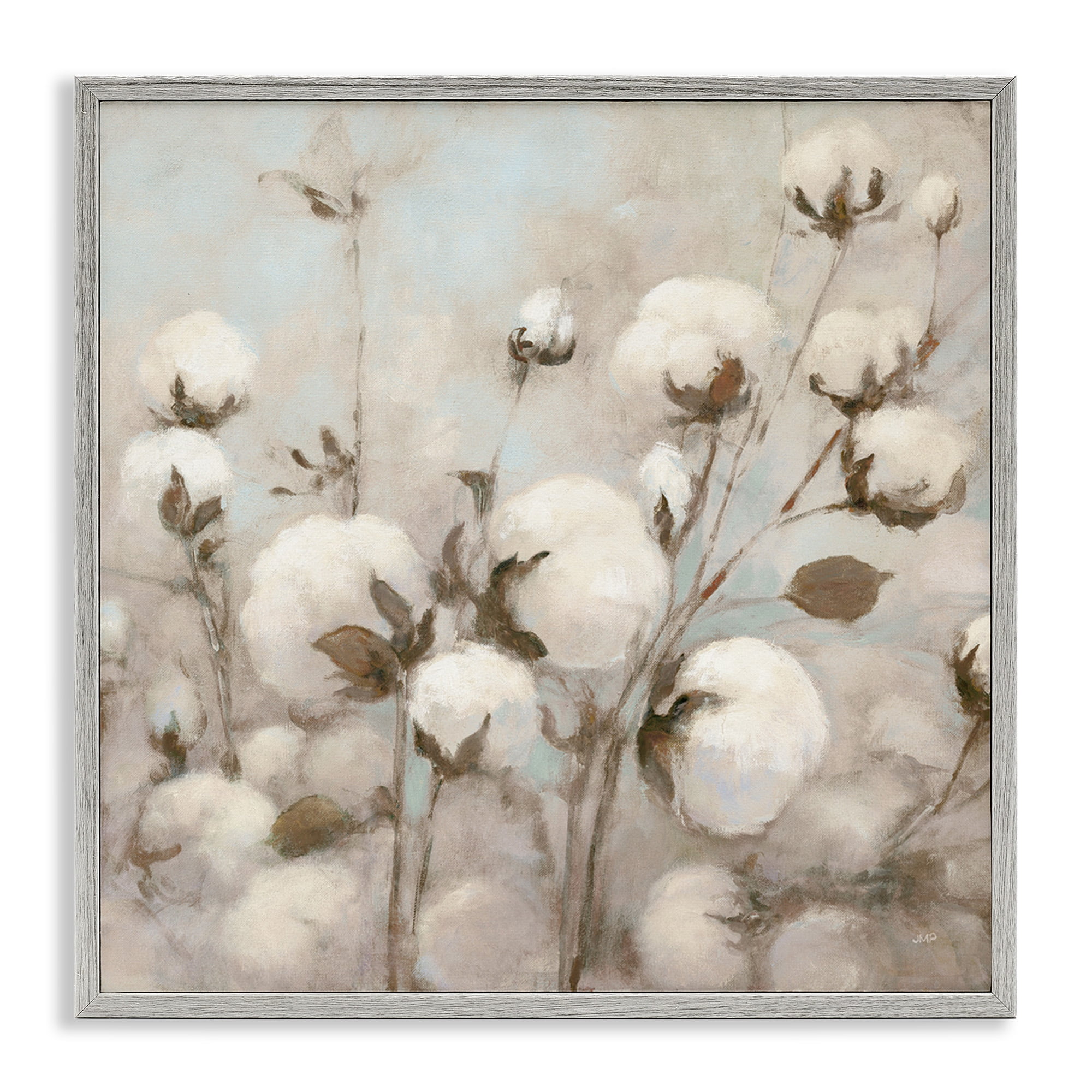 Neutral Cotton Flower Canvas Print with Gray Frame, 17 x 17