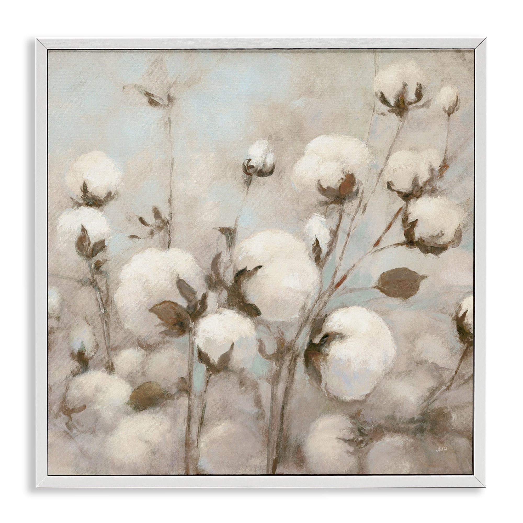 Stupell Industries Neutral Cotton Flower Painting Botanical & Floral Painting White Framed Art Print Wall Art, 24 x 24