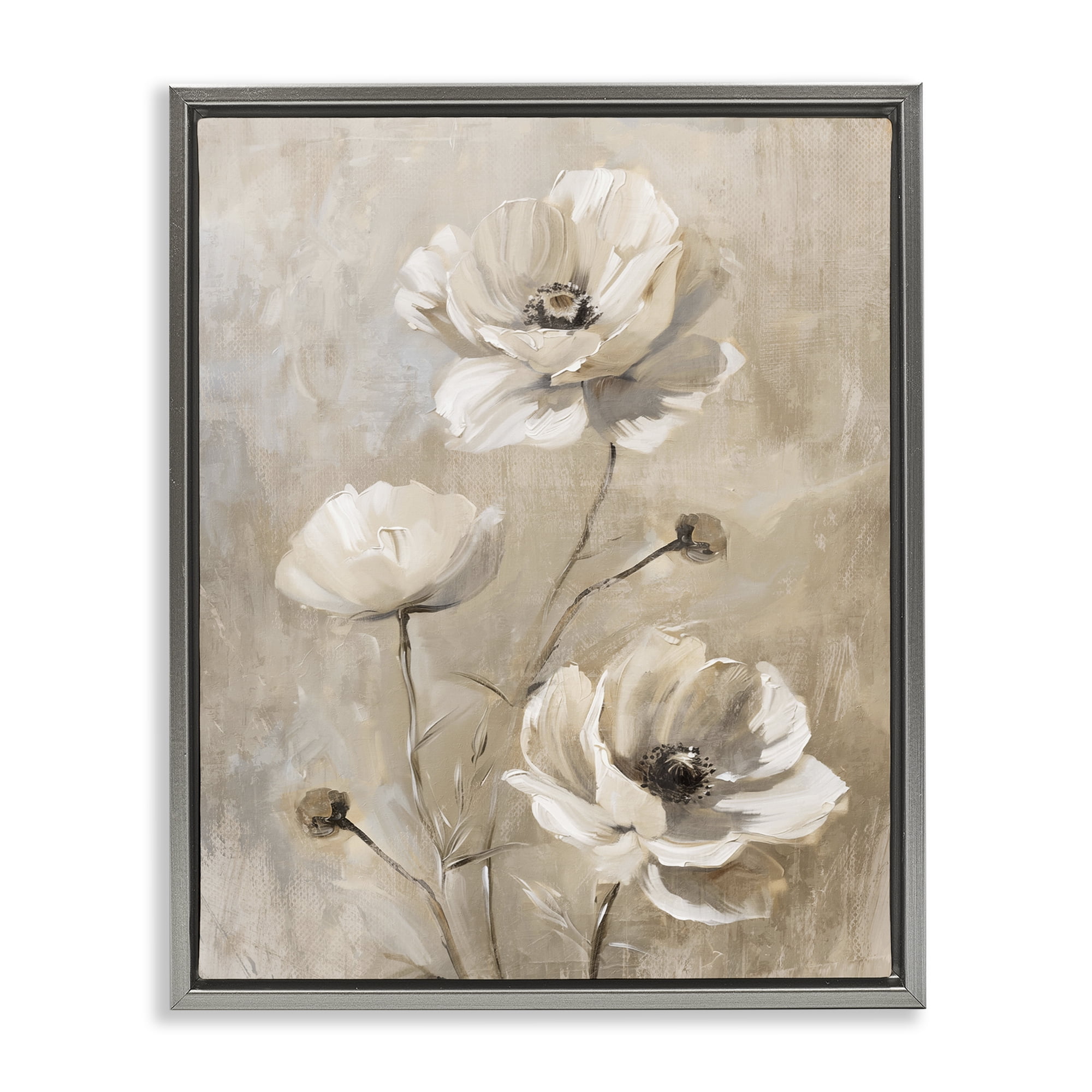 Stupell Industries Neutral Country Flora Plants & Flowers Painting Gray Floater Framed Canvas Art Print Wall Art, 17 x 21