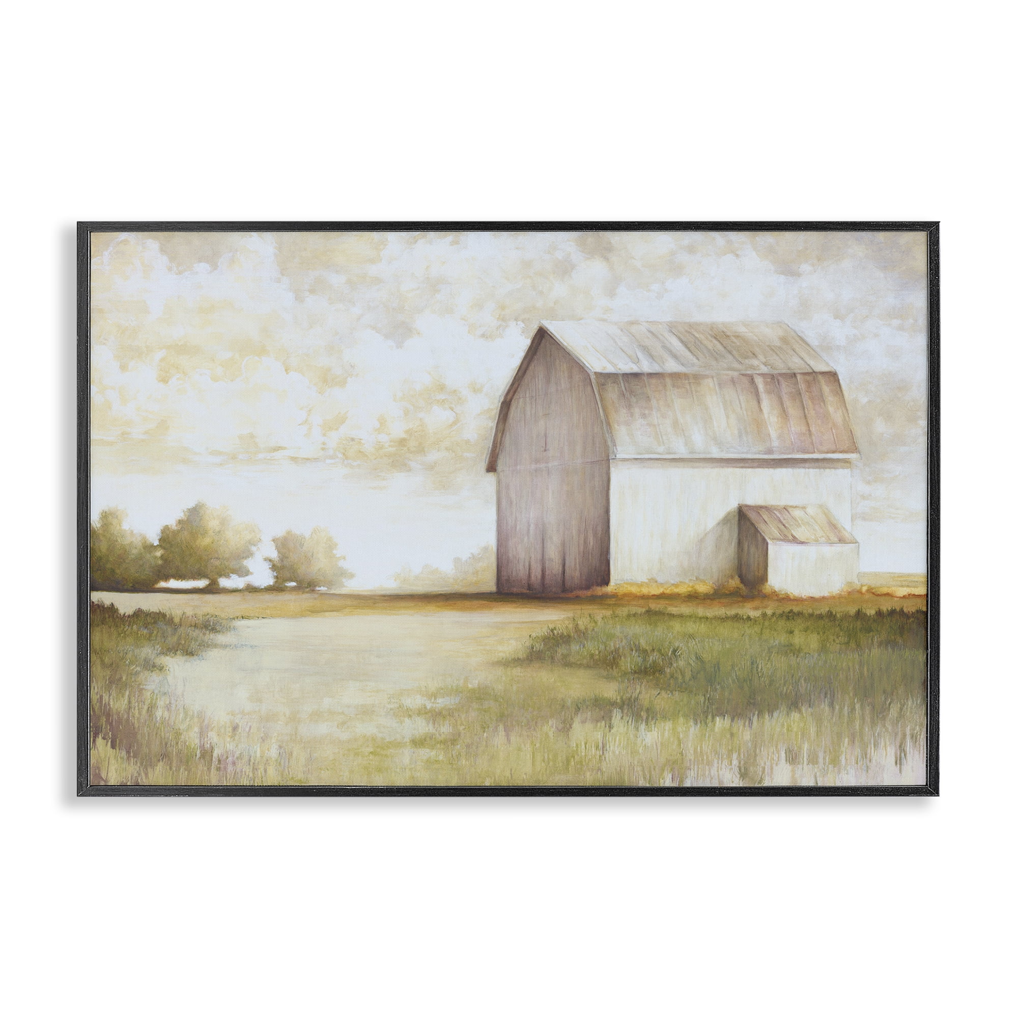 Stupell Industries Neutral Distant Barn Landscape Painting Black Framed Art Print Wall Art, 24 x 16