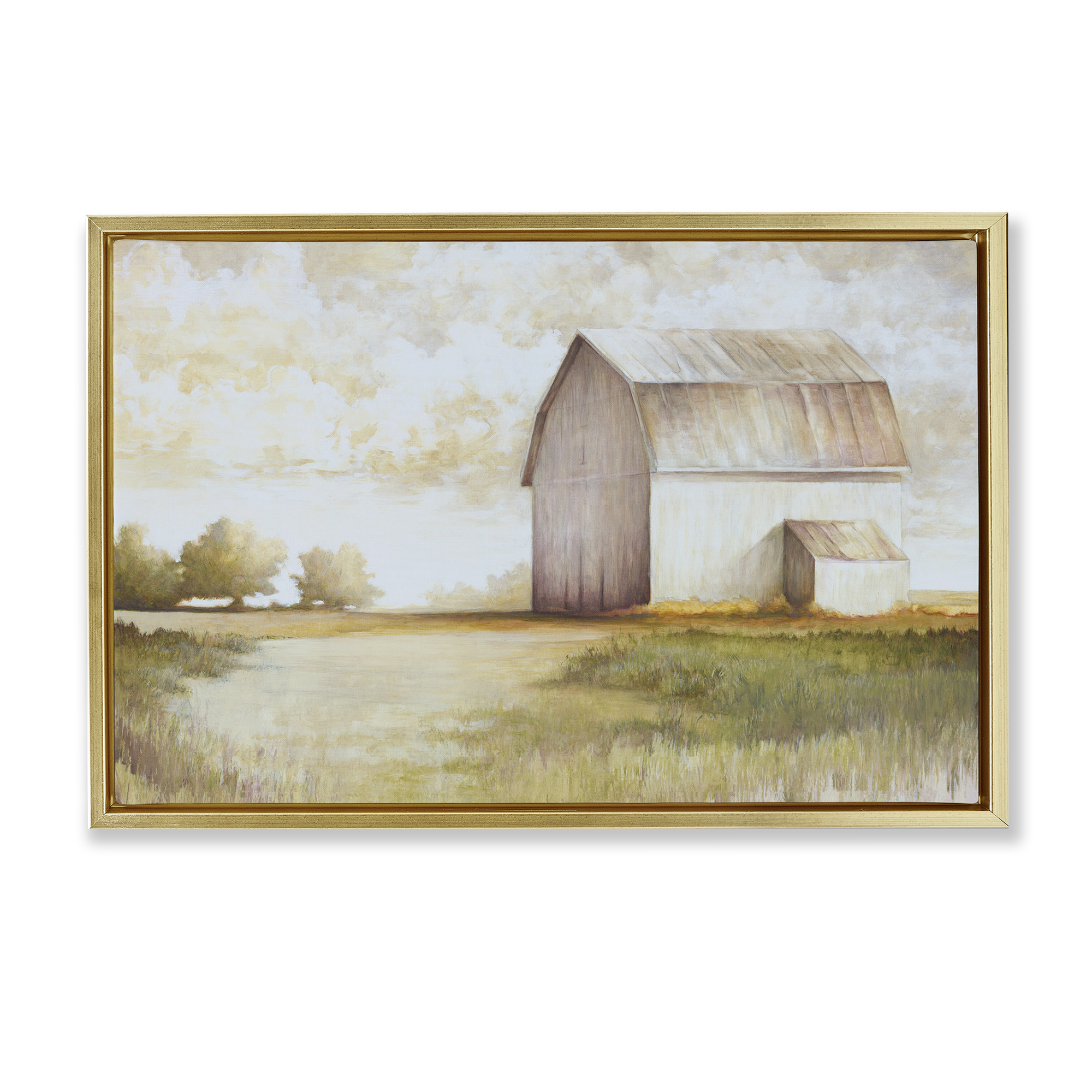 Stupell Industries Neutral Distant Barn Landscape Painting Gold Floater Framed Canvas Art Print Wall Art, 25 x 17