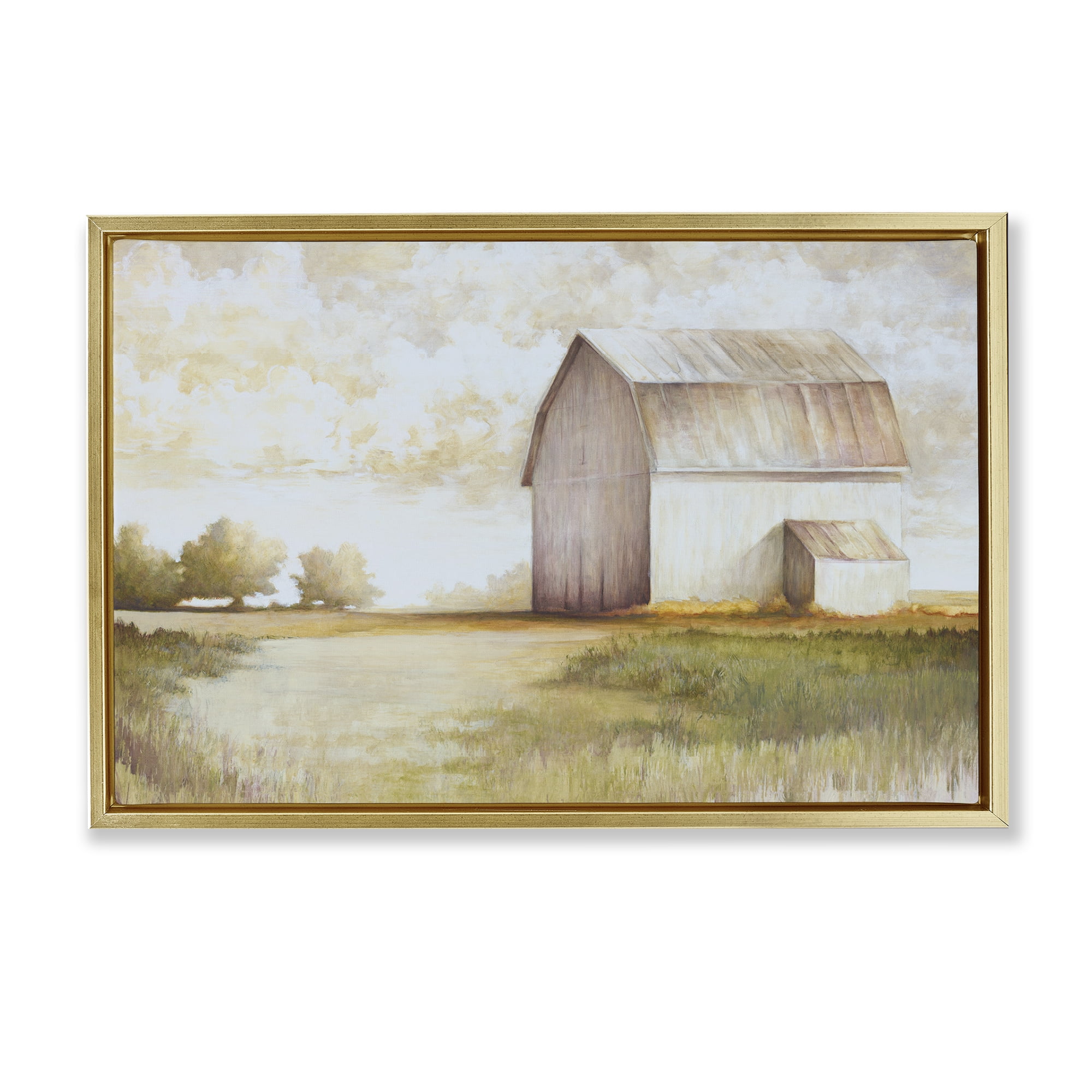 Stupell Industries Neutral Distant Barn Landscape Painting Gold Floater Framed Canvas Art Print Wall Art, 31 x 21