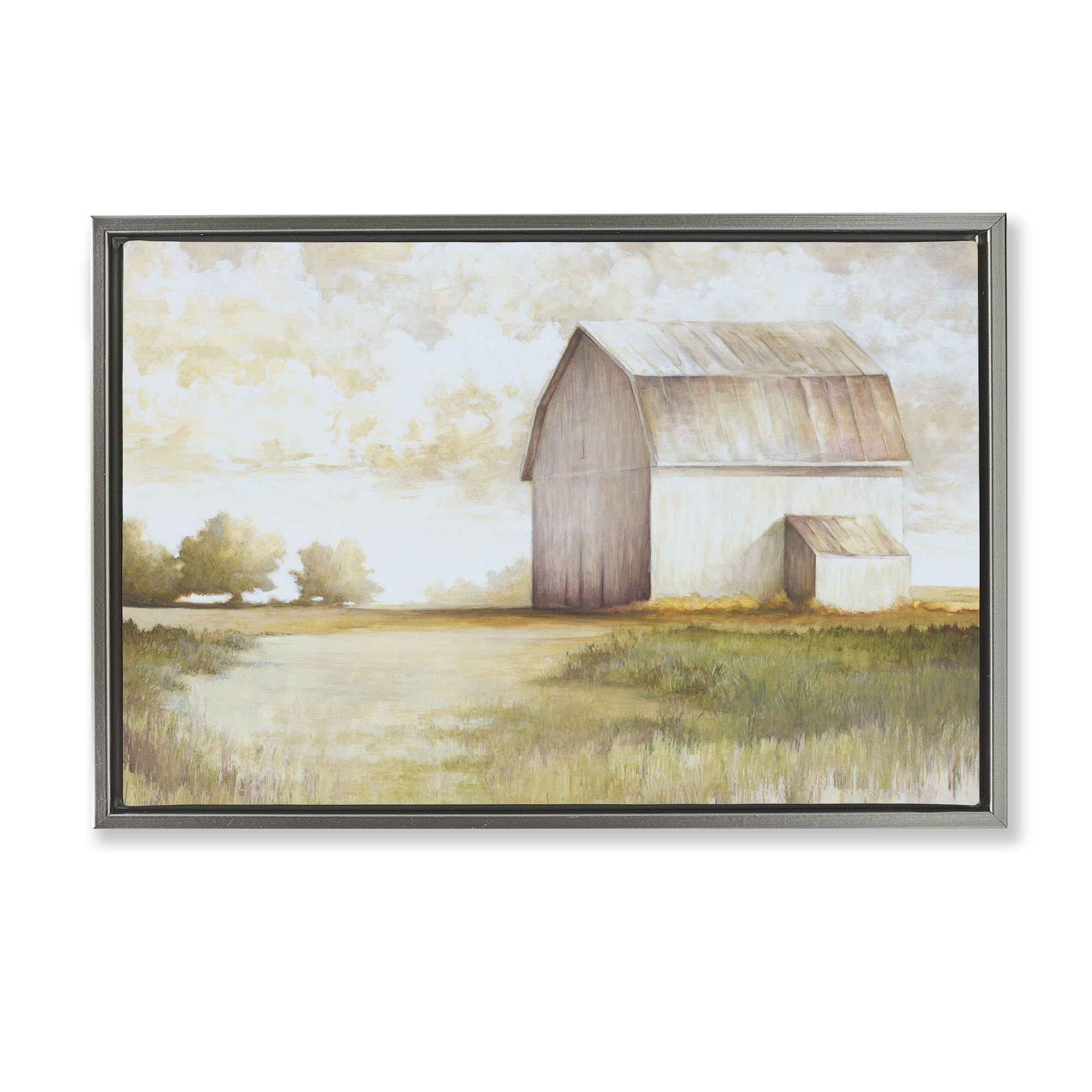 Stupell Industries Neutral Distant Barn Landscape Painting Gray Floater Framed Canvas Art Print Wall Art, 31 x 21