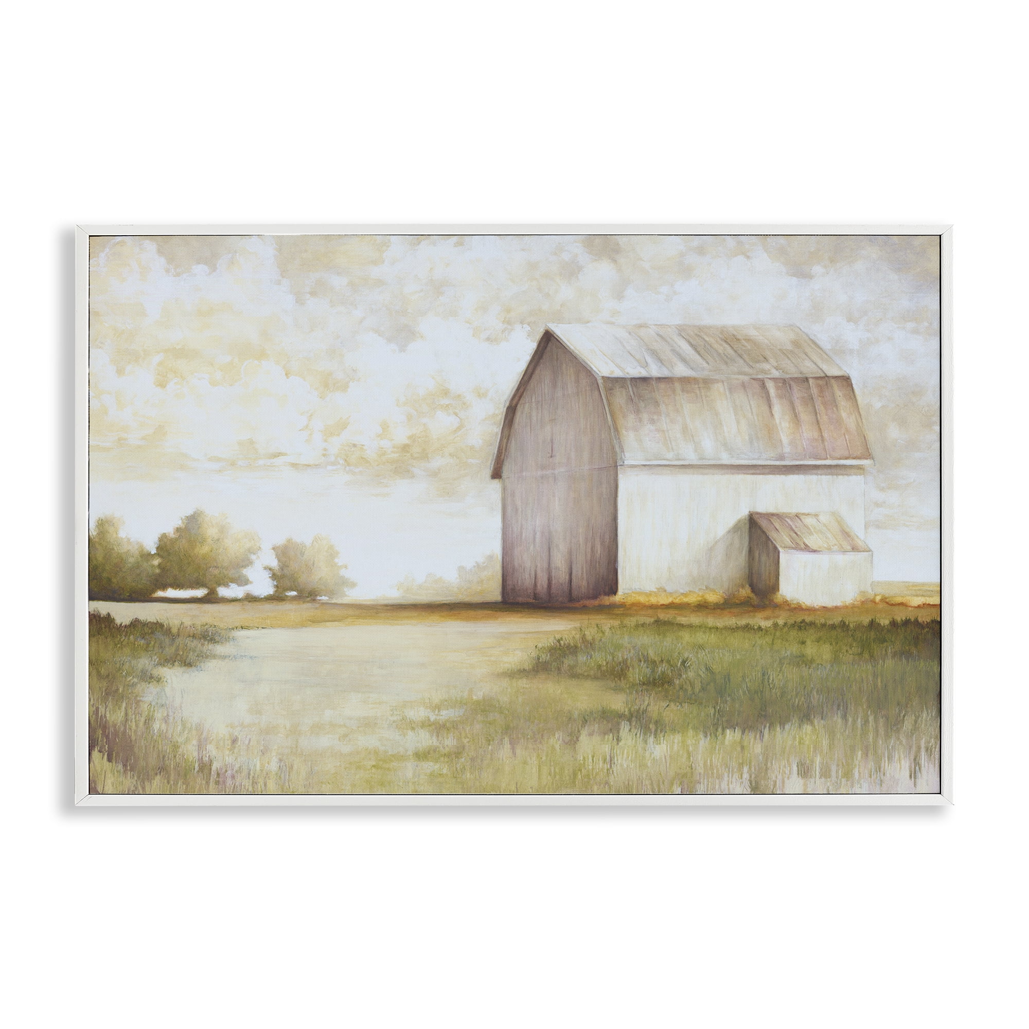 Stupell Industries Neutral Distant Barn Landscape Painting White Framed Art Print Wall Art, 18 x 12